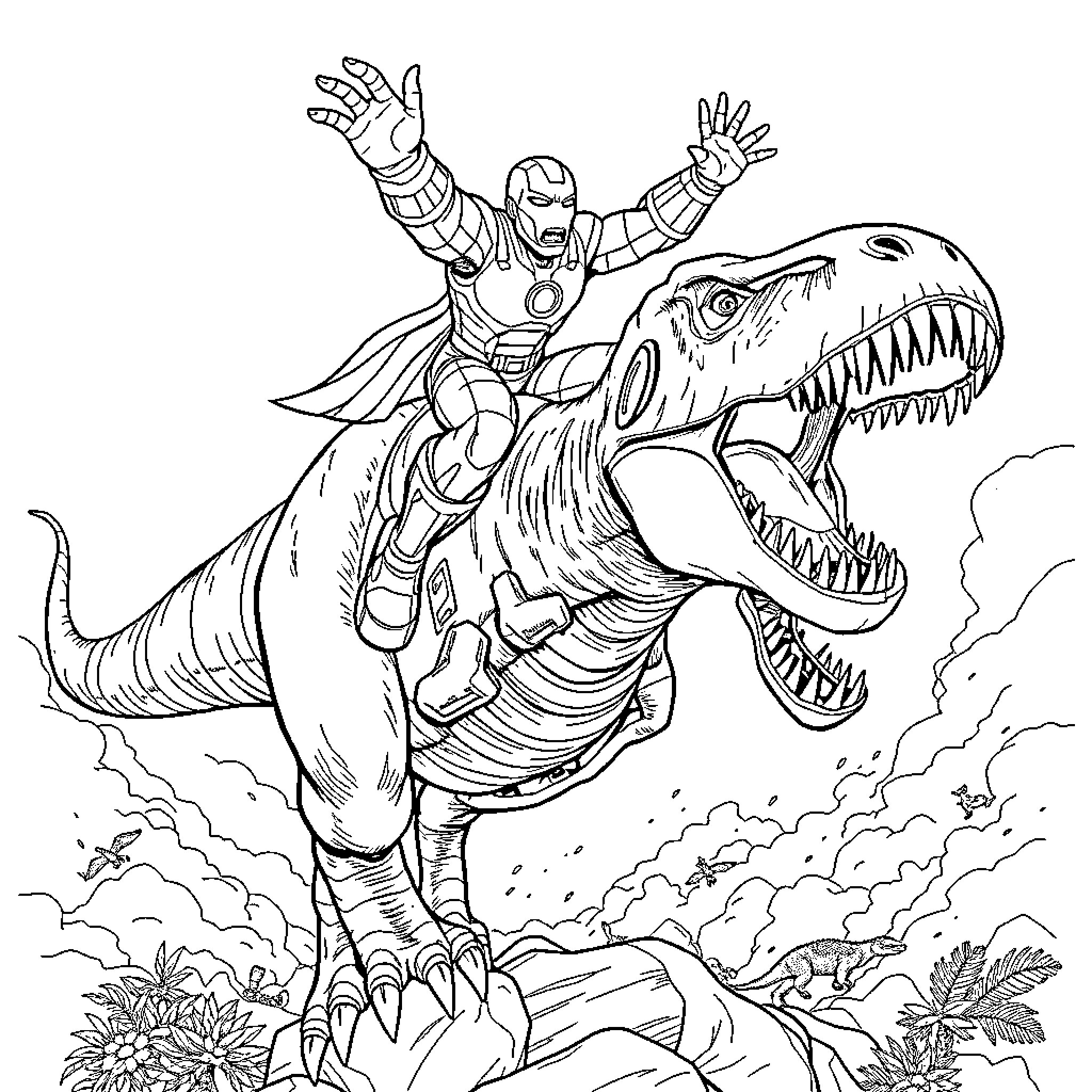 Iron Man riding a ferocious dinosaur Coloring Page (free black-and-white line drawing printable PDF for all, from beginners to advanced learners, including children, teens, adults, and seniors)