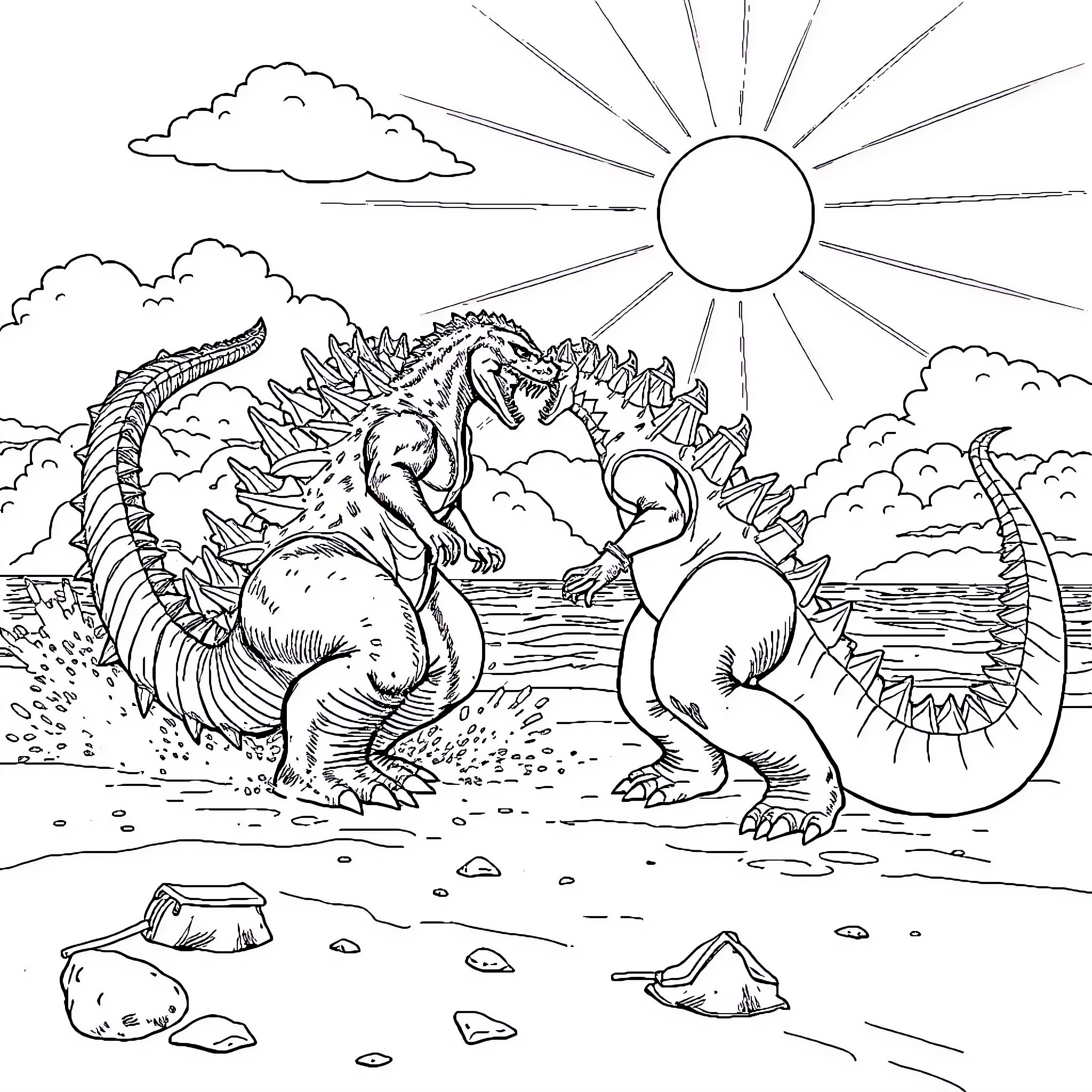 Godzilla's Roaring Clash in the Sunlit Landscape Coloring Page (free black-and-white line drawing printable PDF for all, from beginners to advanced learners, including children, teens, adults, and seniors)