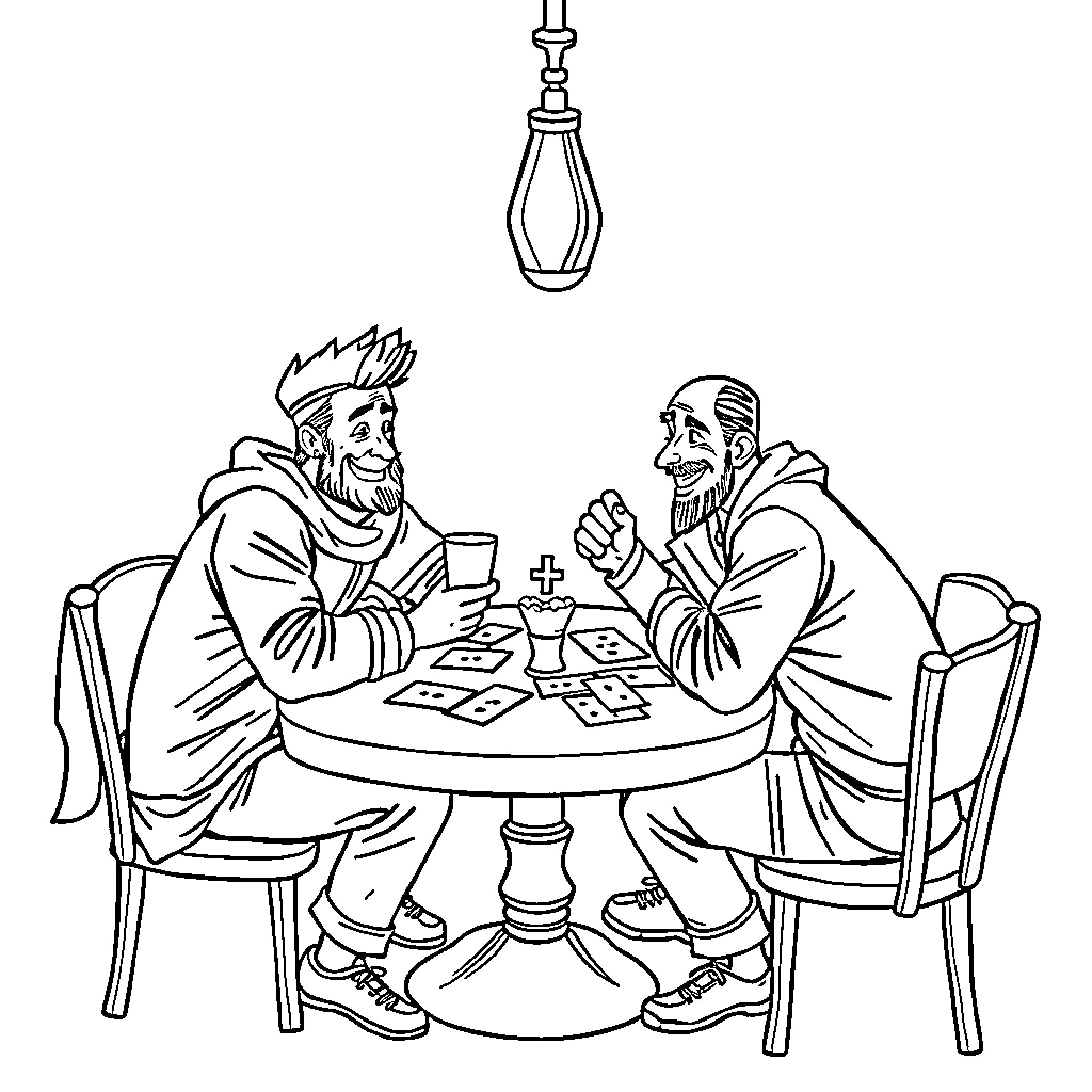 Son's Friendly Conversation Over a Meal Coloring Page (free black-and-white line drawing printable PDF for all, from beginners to advanced learners, including children, teens, adults, and seniors)