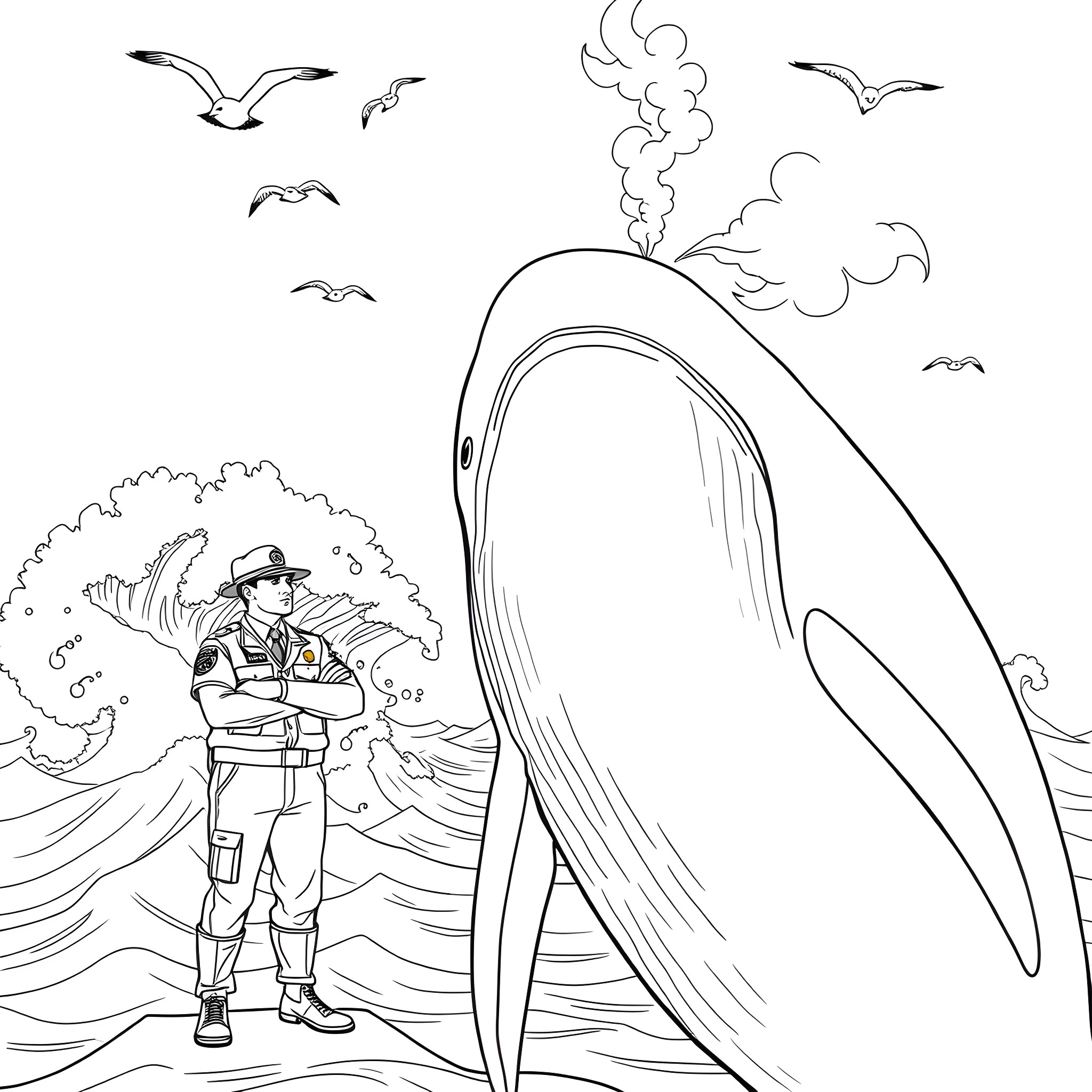Animal Control Officer Confronting a Whale Eruption Coloring Page (free black-and-white line drawing printable PDF for all, from beginners to advanced learners, including children, teens, adults, and seniors)
