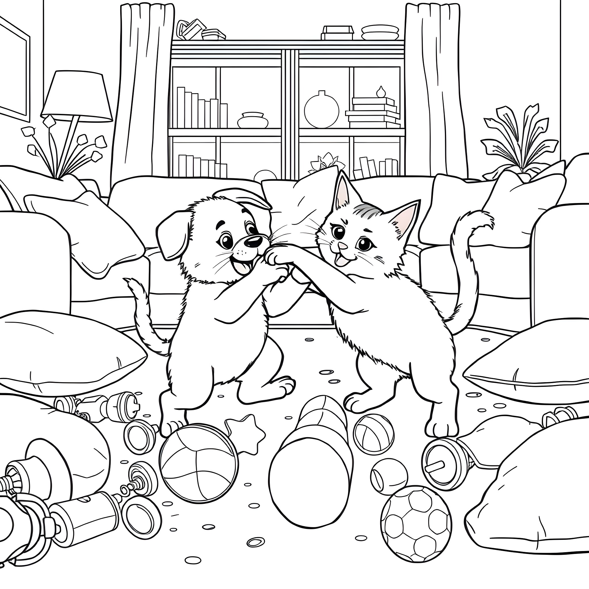 Puppy playing with kitten in cozy living room Coloring Page (free black-and-white line drawing printable PDF for all, from beginners to advanced learners, including children, teens, adults, and seniors)