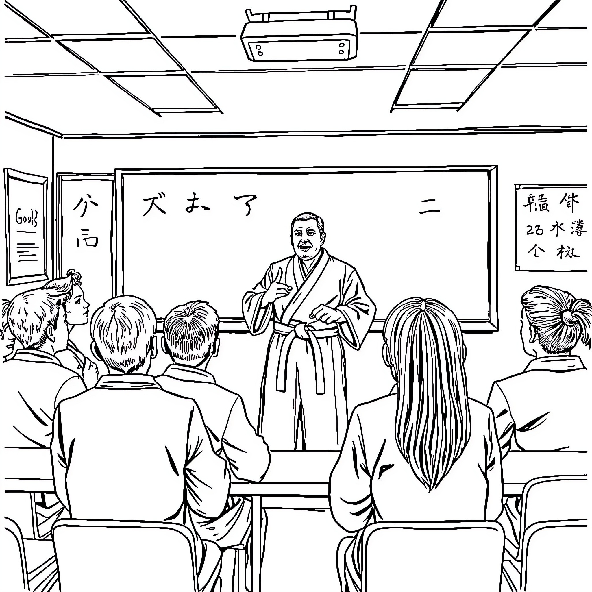 Gojo teaching students in a classroom setting Coloring Page (free black-and-white line drawing printable PDF for all, from beginners to advanced learners, including children, teens, adults, and seniors)