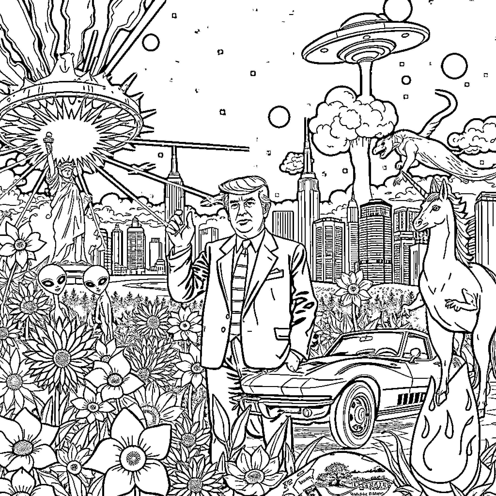 Trump's Fantastical Dreamscape: Surreal Scenes and Bizarre Encounters Coloring Page (free black-and-white line drawing printable PDF for all, from beginners to advanced learners, including children, teens, adults, and seniors)