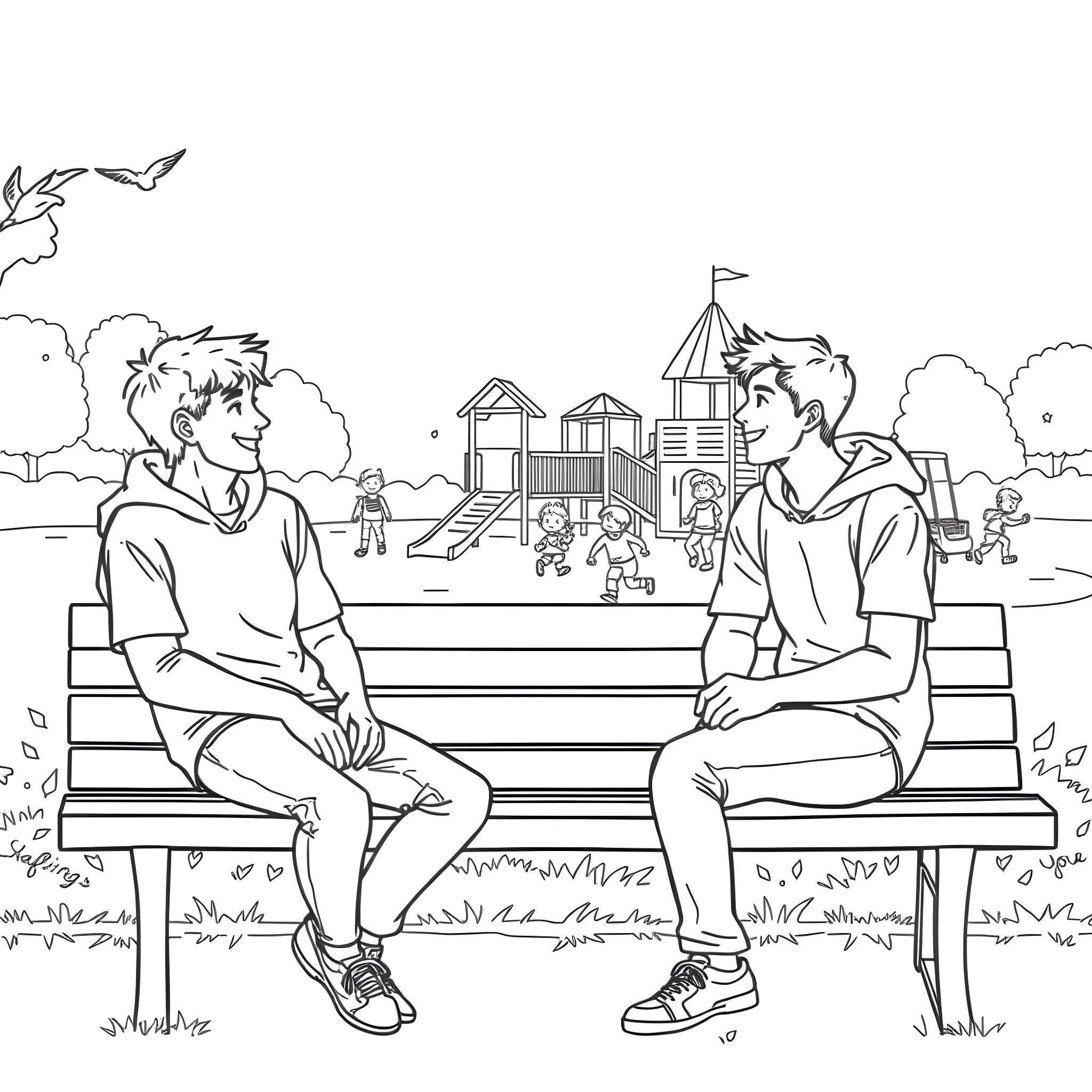 Teen Guys Chatting on a Park Bench Coloring Page (free black-and-white line drawing printable PDF for all, from beginners to advanced learners, including children, teens, adults, and seniors)