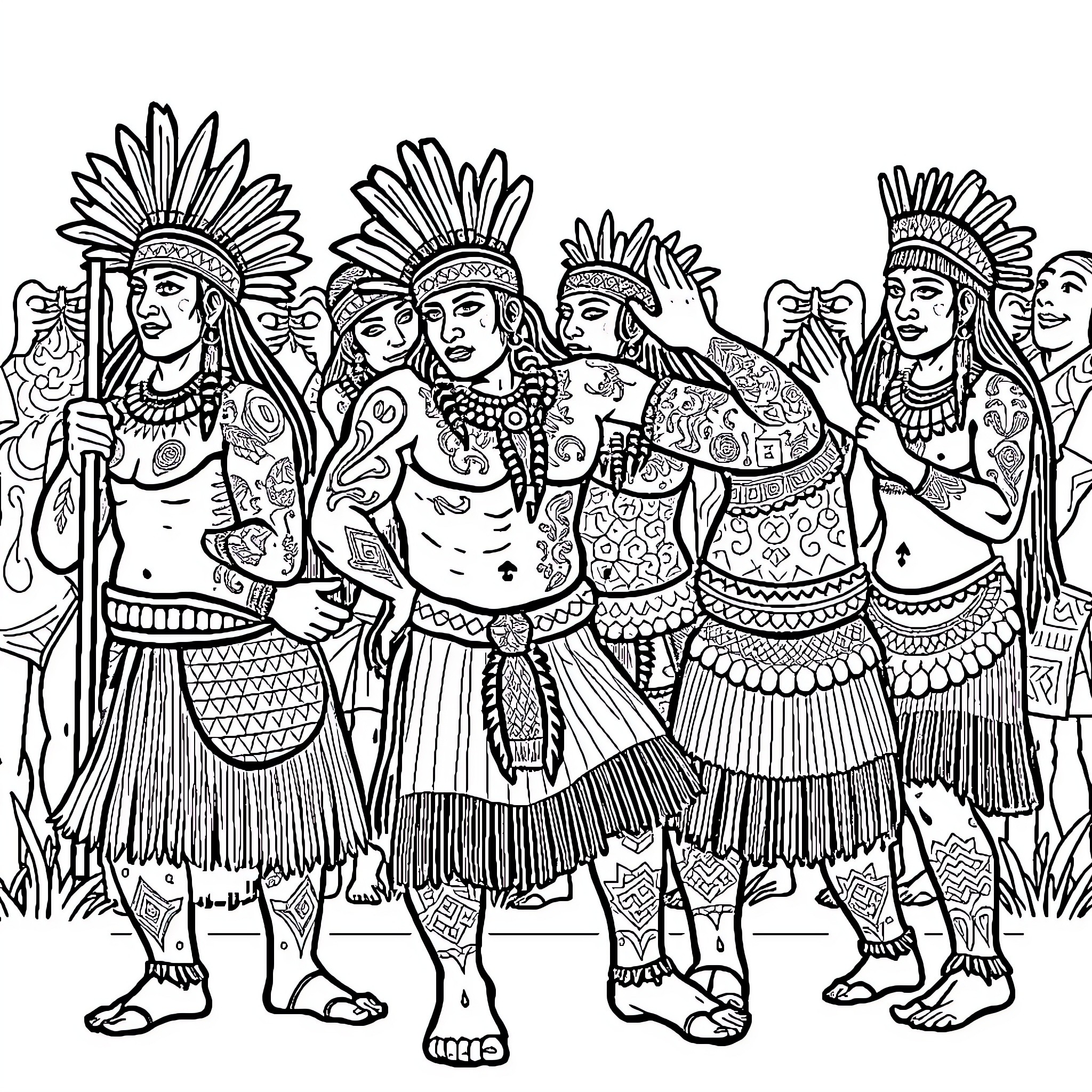 Maori ceremonial gathering with elaborately dressed performers Coloring Page (free black-and-white line drawing printable PDF for all, from beginners to advanced learners, including children, teens, adults, and seniors)