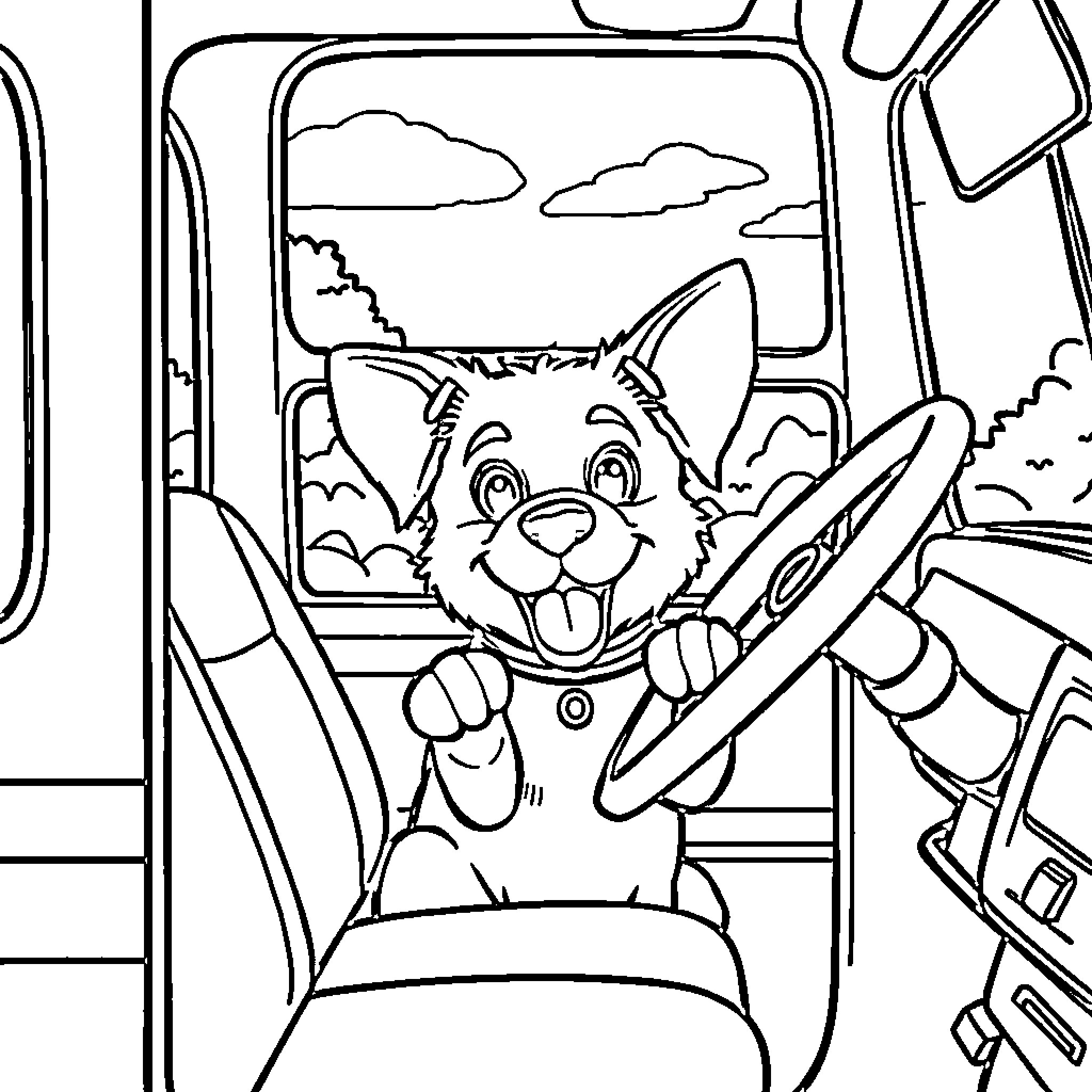 Dog enjoying a car ride on a sunny day Coloring Page (free black-and-white line drawing printable PDF for all, from beginners to advanced learners, including children, teens, adults, and seniors)