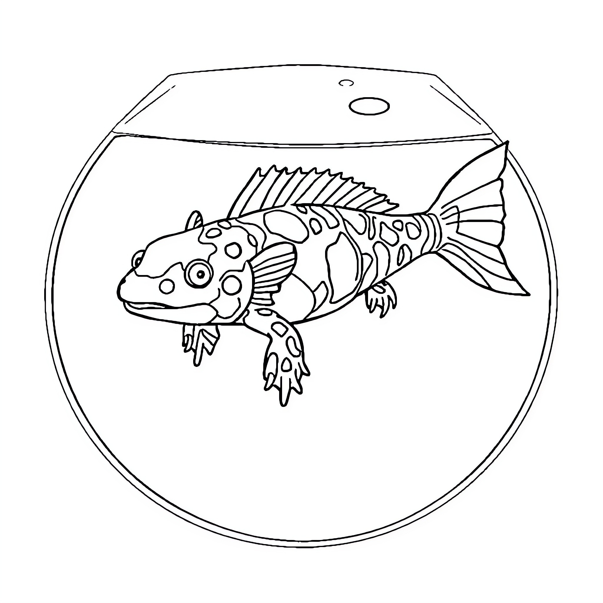 Axolotl swimming in a fishbowl Coloring Page (free black-and-white line drawing printable PDF for all, from beginners to advanced learners, including children, teens, adults, and seniors)