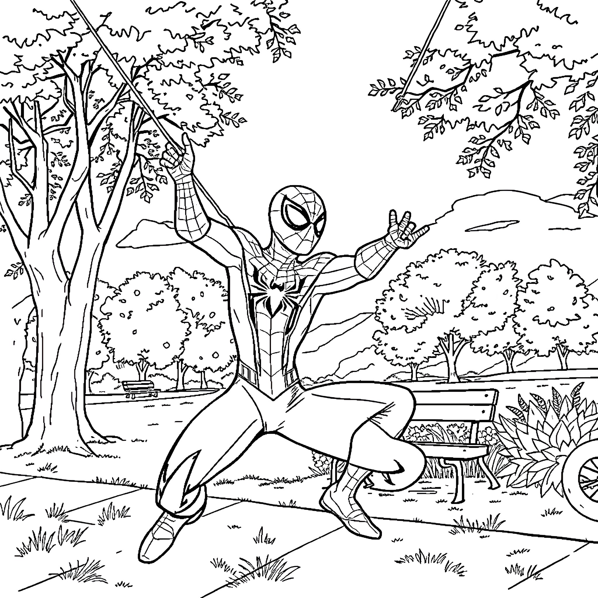 Spider-Man swinging through the park Coloring Page (free black-and-white line drawing printable PDF for all, from beginners to advanced learners, including children, teens, adults, and seniors)