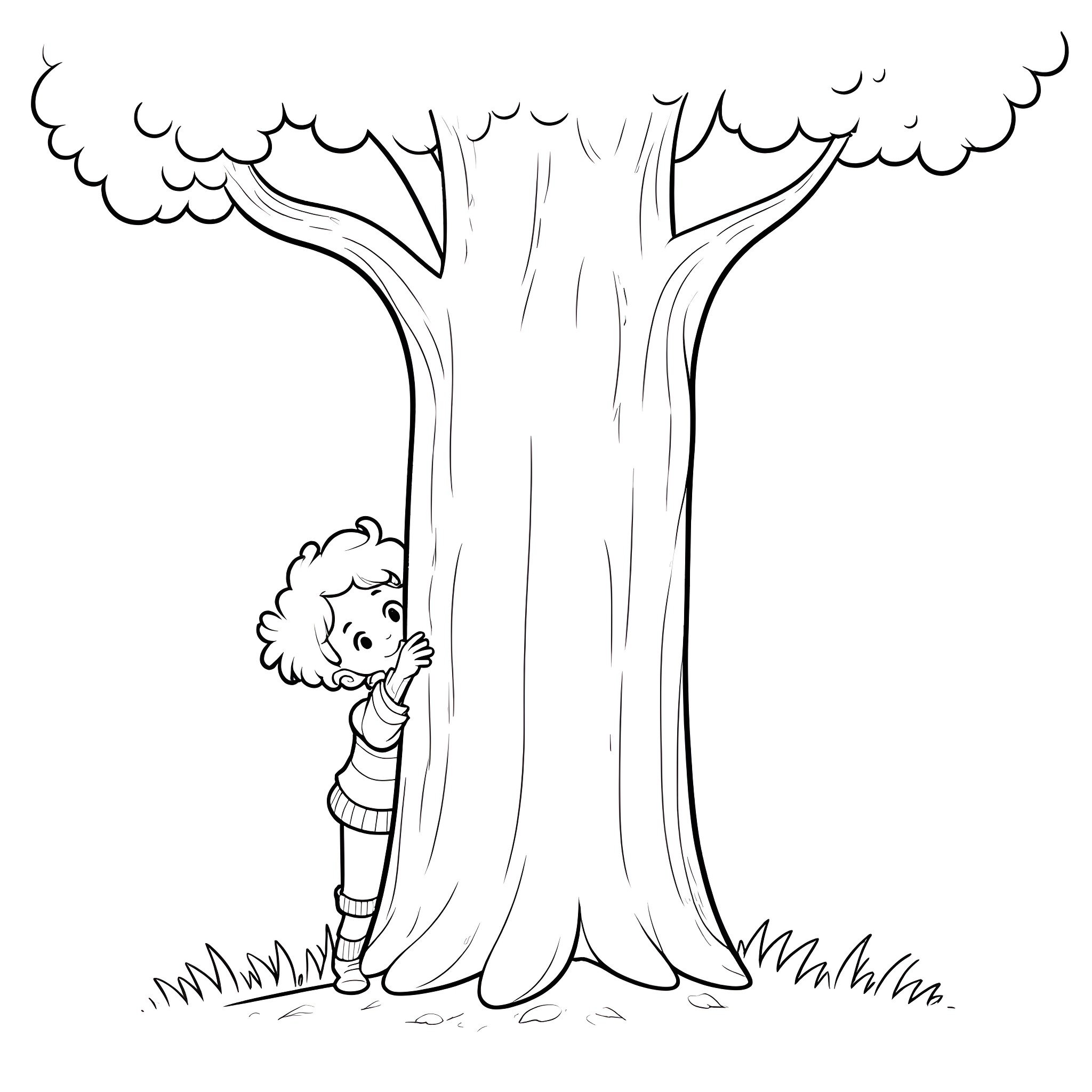 Peek-a-Boo with a Curious Child in the Forest Coloring Page (free black-and-white line drawing printable PDF for all, from beginners to advanced learners, including children, teens, adults, and seniors)