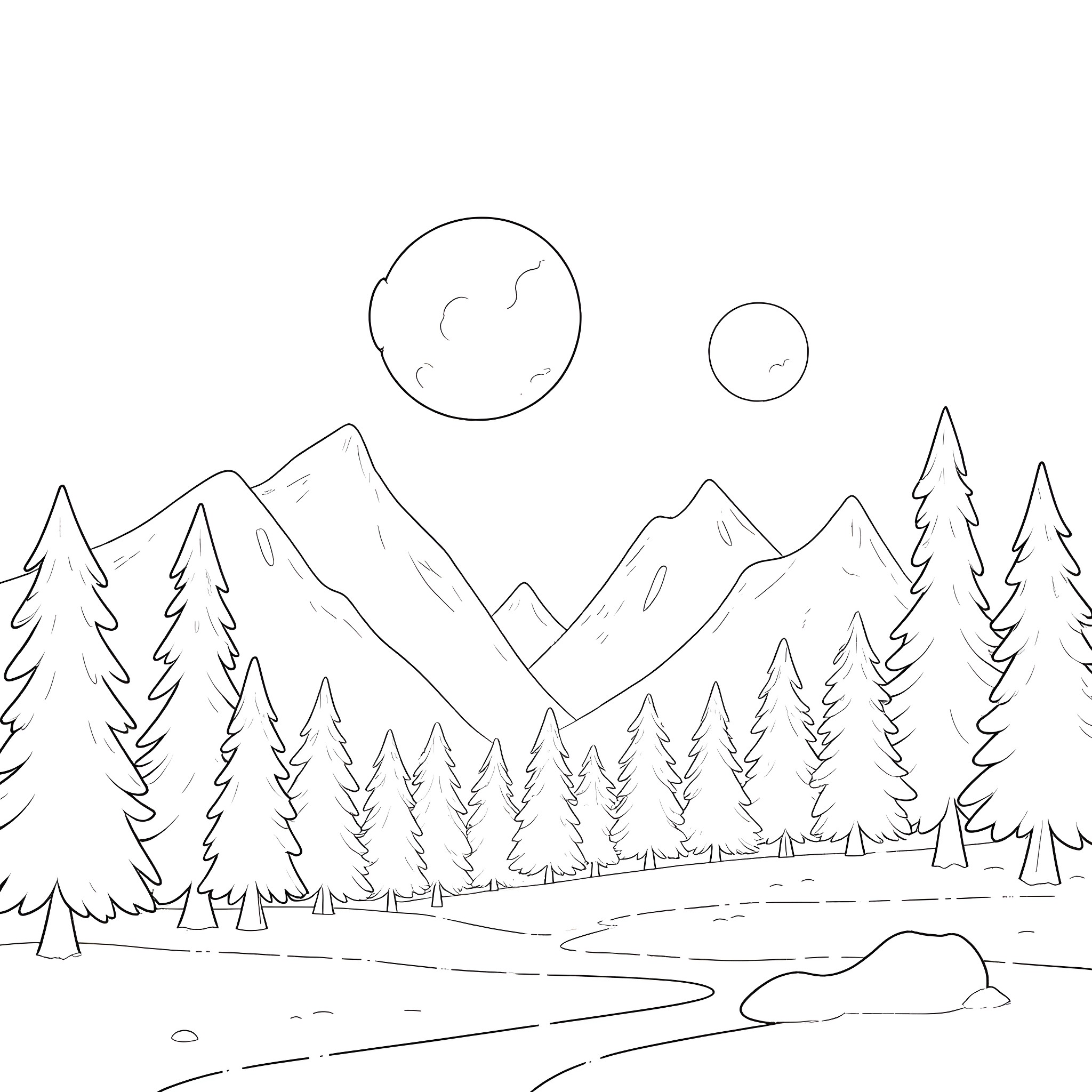 Asteroid scenery with mountains and pine trees Coloring Page (free black-and-white line drawing printable PDF for all, from beginners to advanced learners, including children, teens, adults, and seniors)