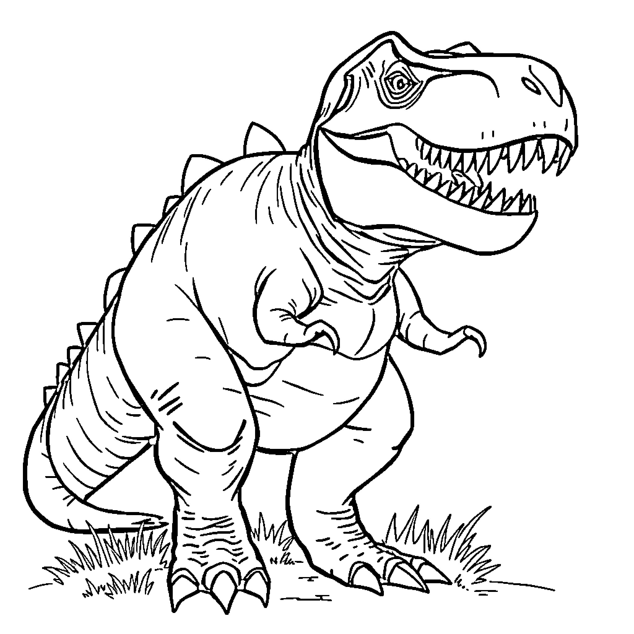 T-Rex Stomping Ferociously in the Wilderness Coloring Page (free black-and-white line drawing printable PDF for all, from beginners to advanced learners, including children, teens, adults, and seniors)