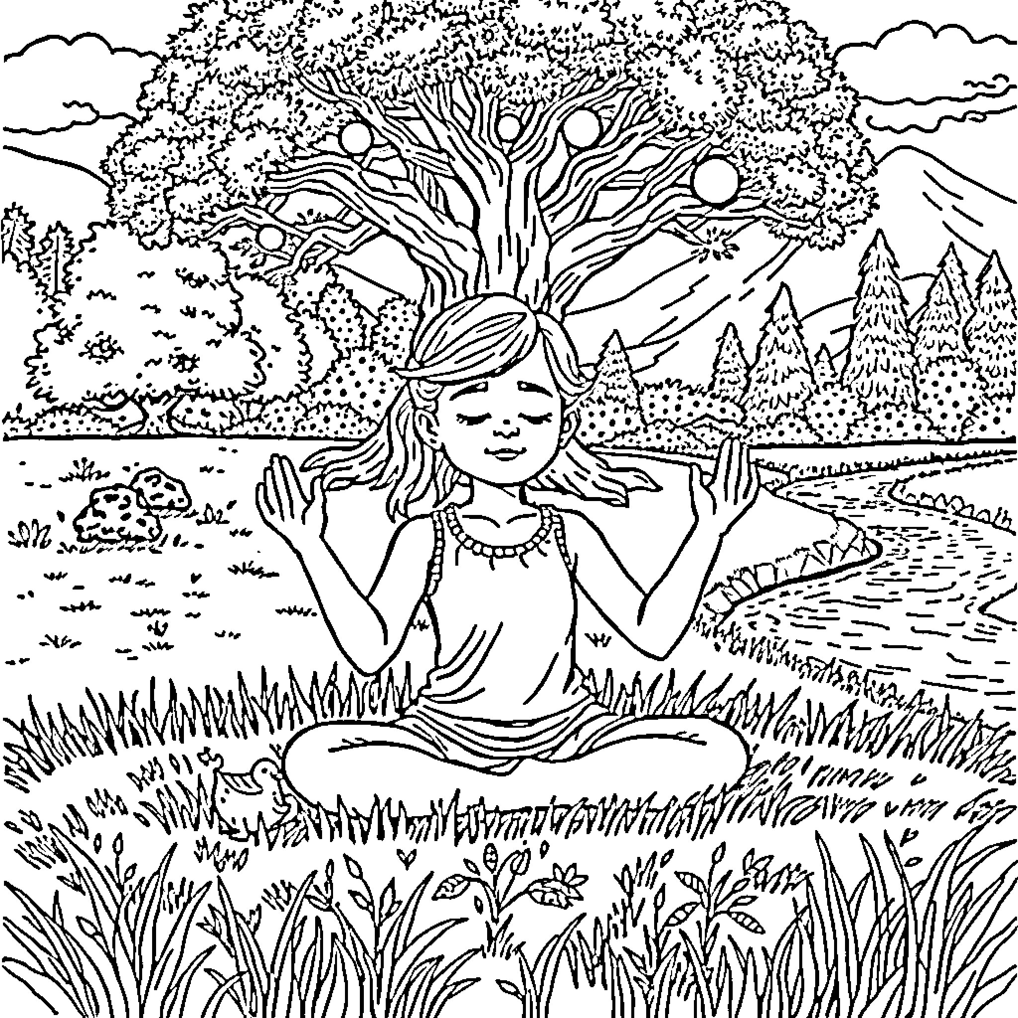 Nina's Peaceful Nature Meditation Coloring Page (free black-and-white line drawing printable PDF for all, from beginners to advanced learners, including children, teens, adults, and seniors)