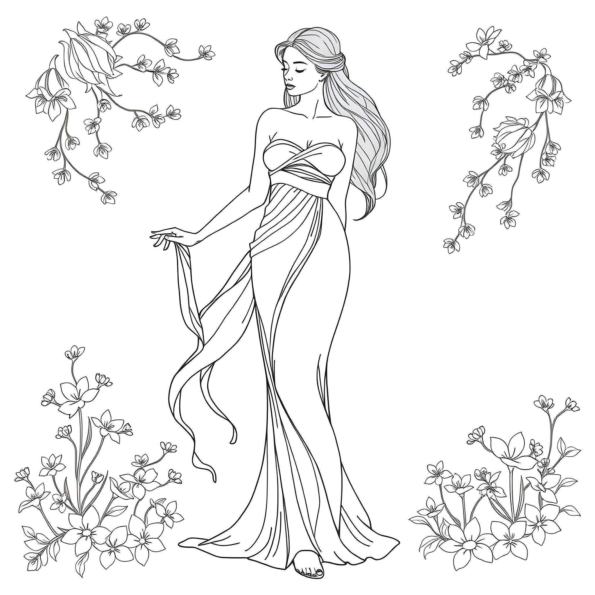 Woman in elegant dress surrounded by flowers Coloring Page (free black-and-white line drawing printable PDF for all, from beginners to advanced learners, including children, teens, adults, and seniors)