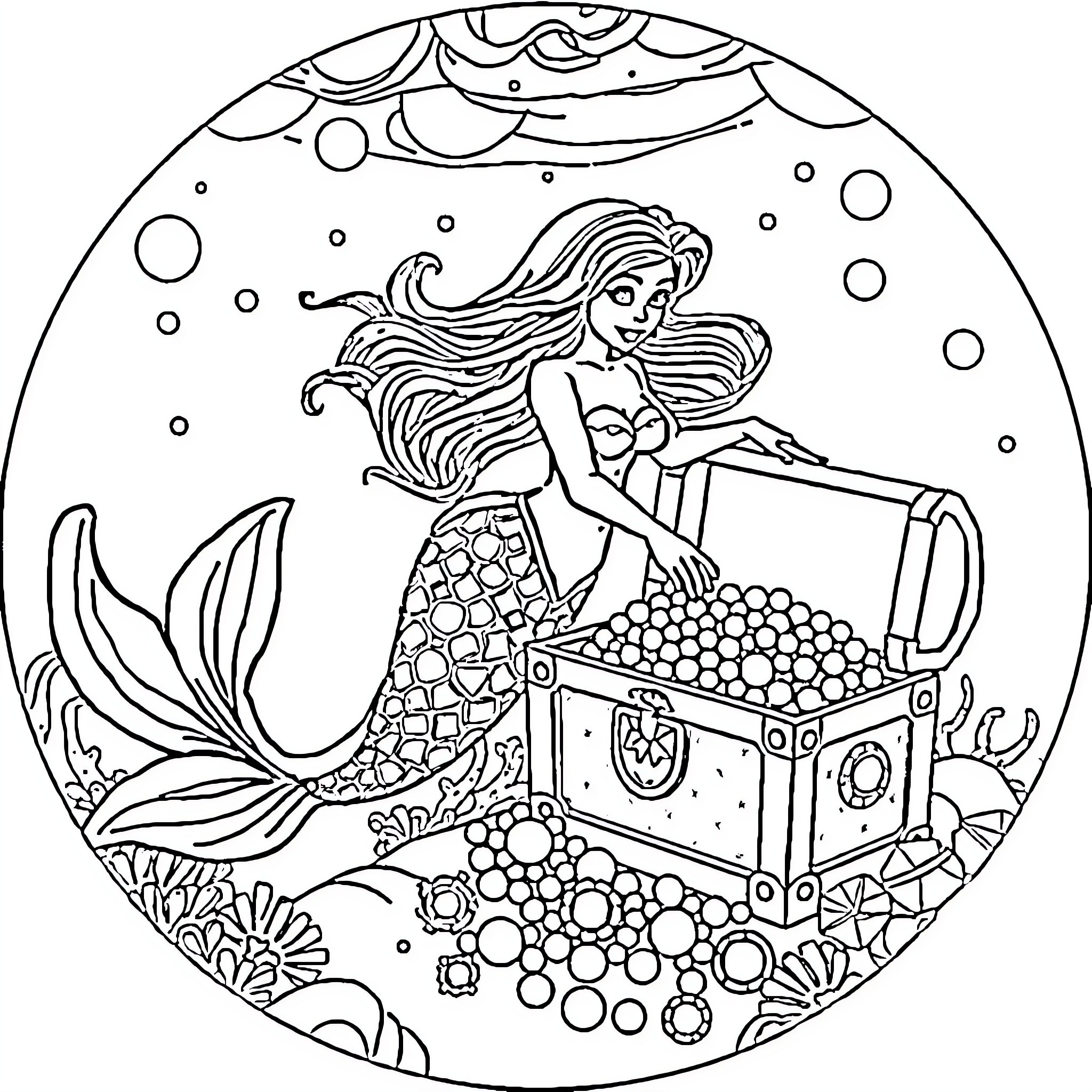 Mermaid opening a treasure chest underwater Coloring Page (free black-and-white line drawing printable PDF for all, from beginners to advanced learners, including children, teens, adults, and seniors)