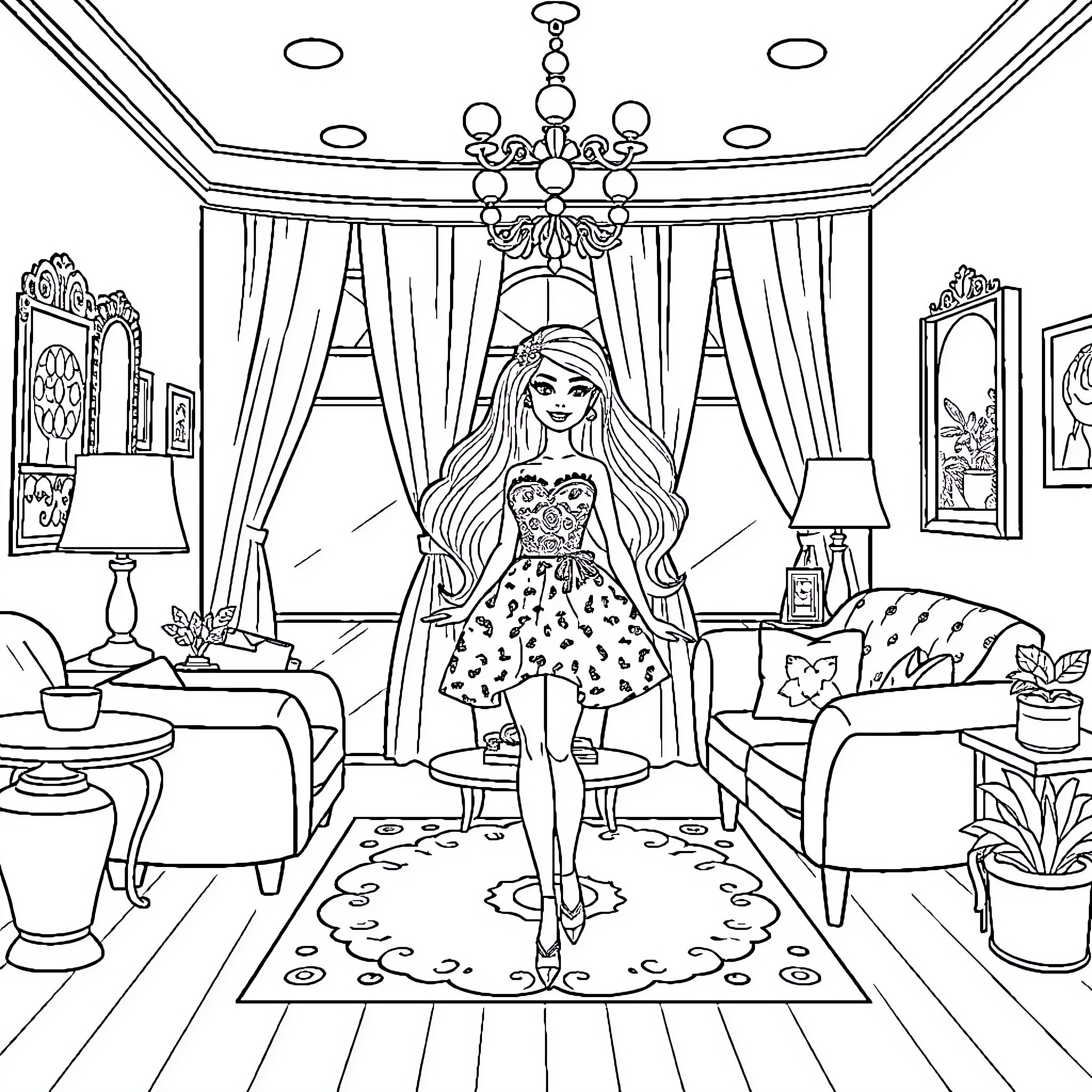 Barbie enjoying a fancy indoor scene Coloring Page (free black-and-white line drawing printable PDF for all, from beginners to advanced learners, including children, teens, adults, and seniors)