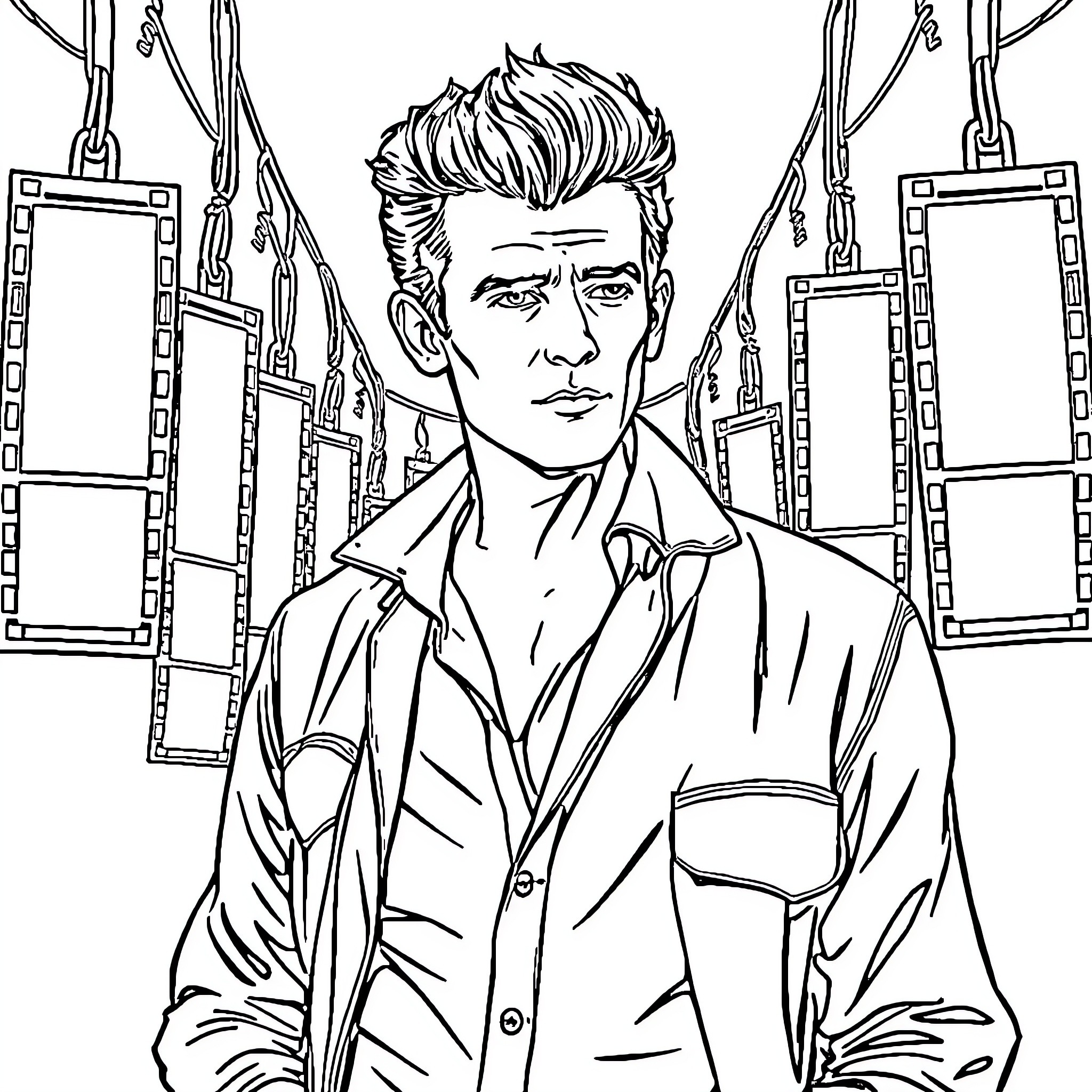 James Dean in moody, thoughtful pose with backdrop Coloring Page (free black-and-white line drawing printable PDF for all, from beginners to advanced learners, including children, teens, adults, and seniors)