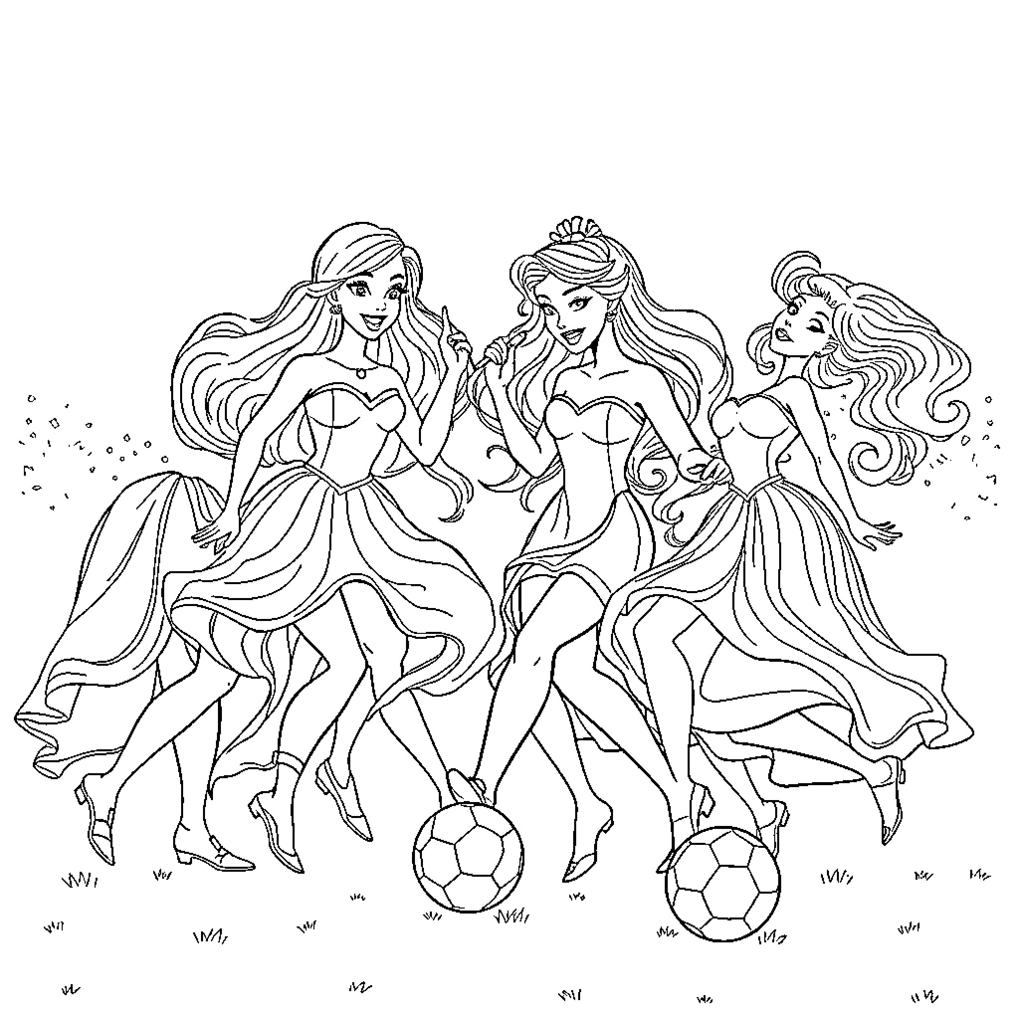 Princess Trio Engaging in Playful Soccer Match Coloring Page (free black-and-white line drawing printable PDF for all, from beginners to advanced learners, including children, teens, adults, and seniors)