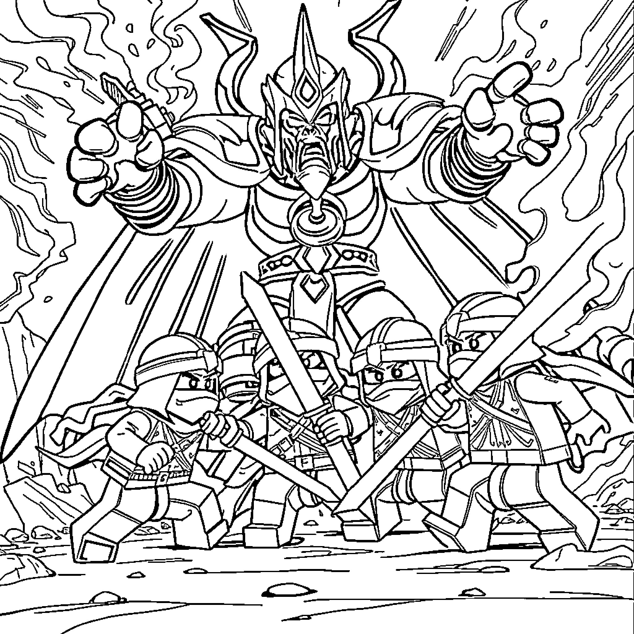 Ninjago warriors facing a fierce demon lord Coloring Page (free black-and-white line drawing printable PDF for all, from beginners to advanced learners, including children, teens, adults, and seniors)