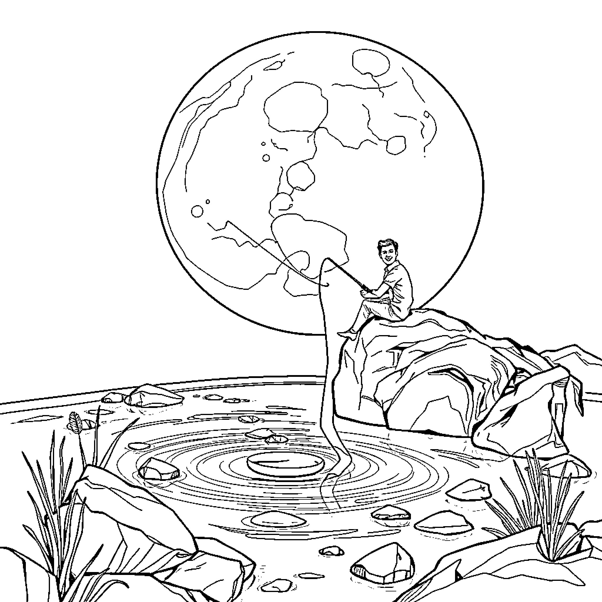 Man gazing at the night sky by the pond Coloring Page (free black-and-white line drawing printable PDF for all, from beginners to advanced learners, including children, teens, adults, and seniors)