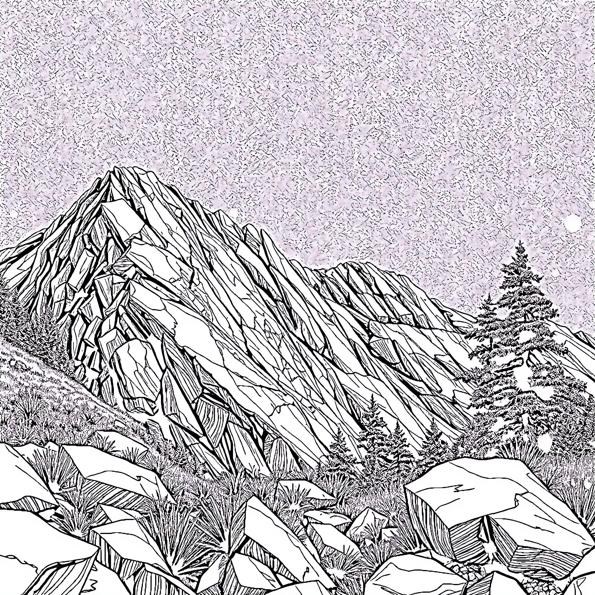 Rutile Mountain Range with Evergreen Forests Coloring Page (free black-and-white line drawing printable PDF for all, from beginners to advanced learners, including children, teens, adults, and seniors)