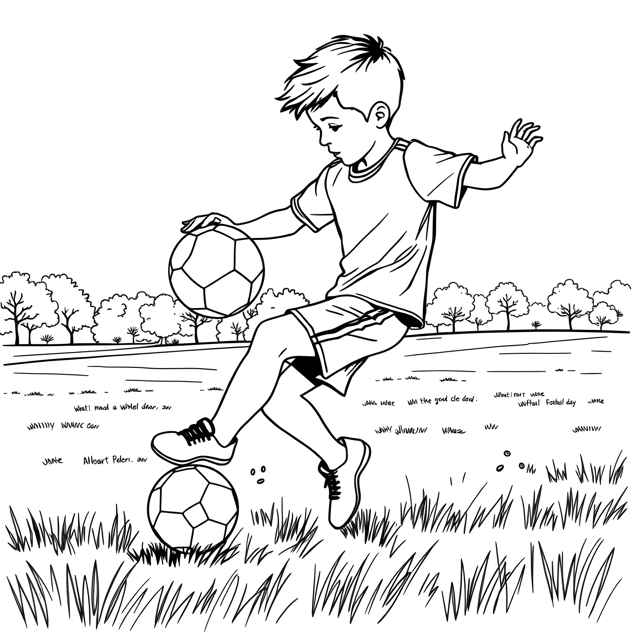 Kid playing with soccer balls in the park Coloring Page (free black-and-white line drawing printable PDF for all, from beginners to advanced learners, including children, teens, adults, and seniors)