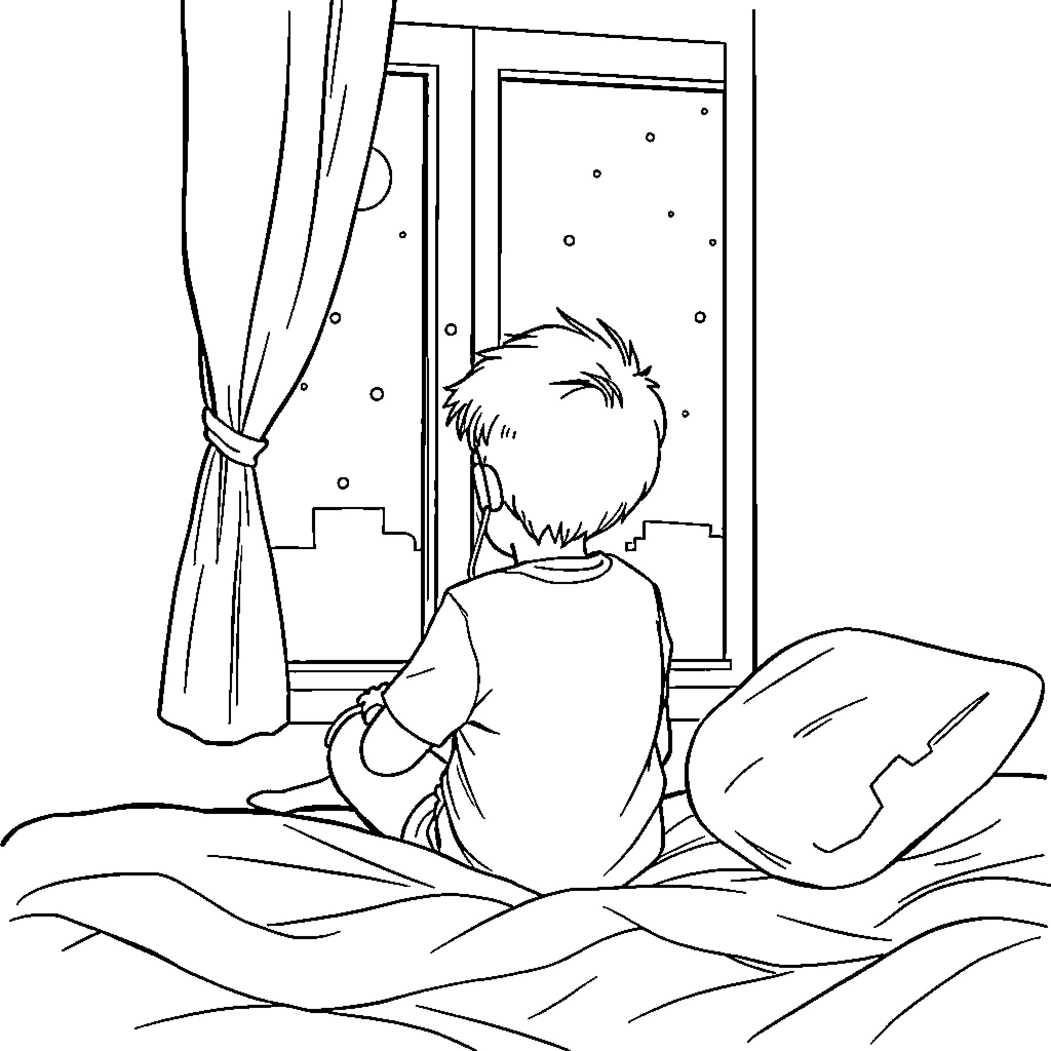 Boy gazing out the window on a snowy night Coloring Page (free black-and-white line drawing printable PDF for all, from beginners to advanced learners, including children, teens, adults, and seniors)
