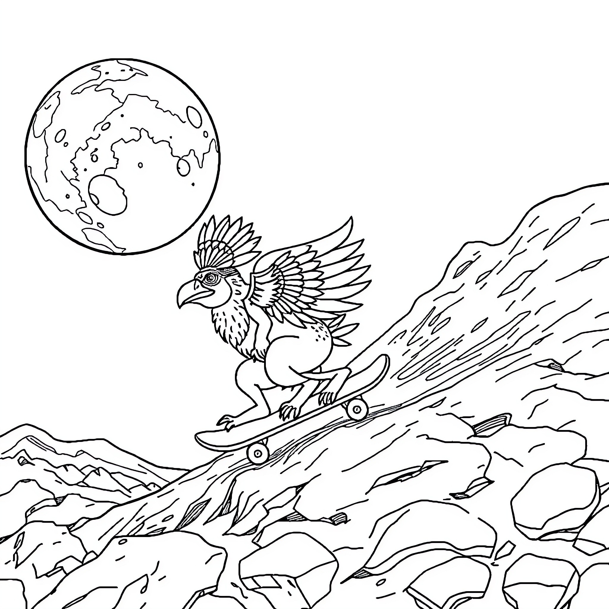 Oaxalatl riding a skateboard down a rocky hill Coloring Page (free black-and-white line drawing printable PDF for all, from beginners to advanced learners, including children, teens, adults, and seniors)