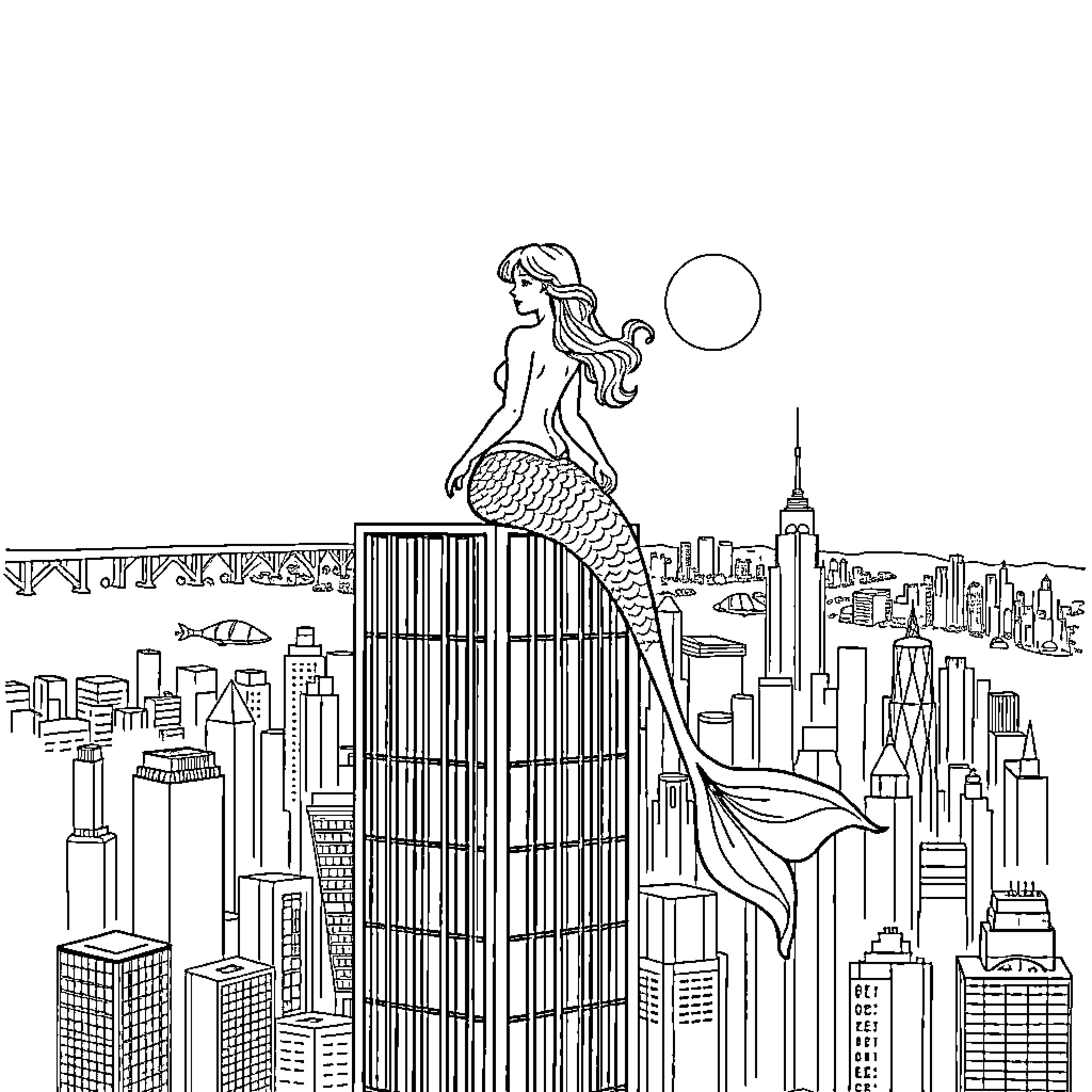 Mermaid overlooking the city skyline Coloring Page (free black-and-white line drawing printable PDF for all, from beginners to advanced learners, including children, teens, adults, and seniors)