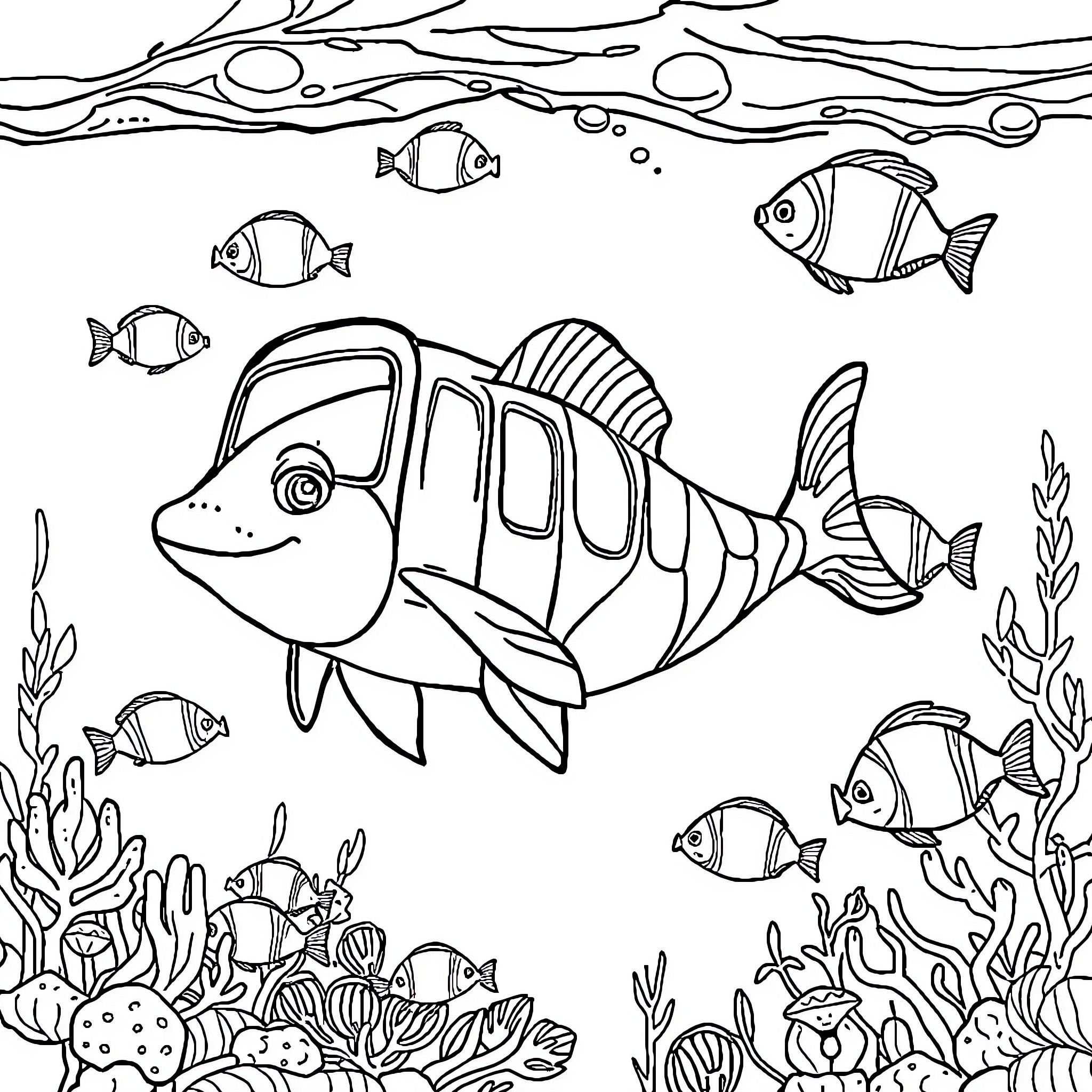Stitch of fish swimming in the underwater world Coloring Page (free black-and-white line drawing printable PDF for all, from beginners to advanced learners, including children, teens, adults, and seniors)