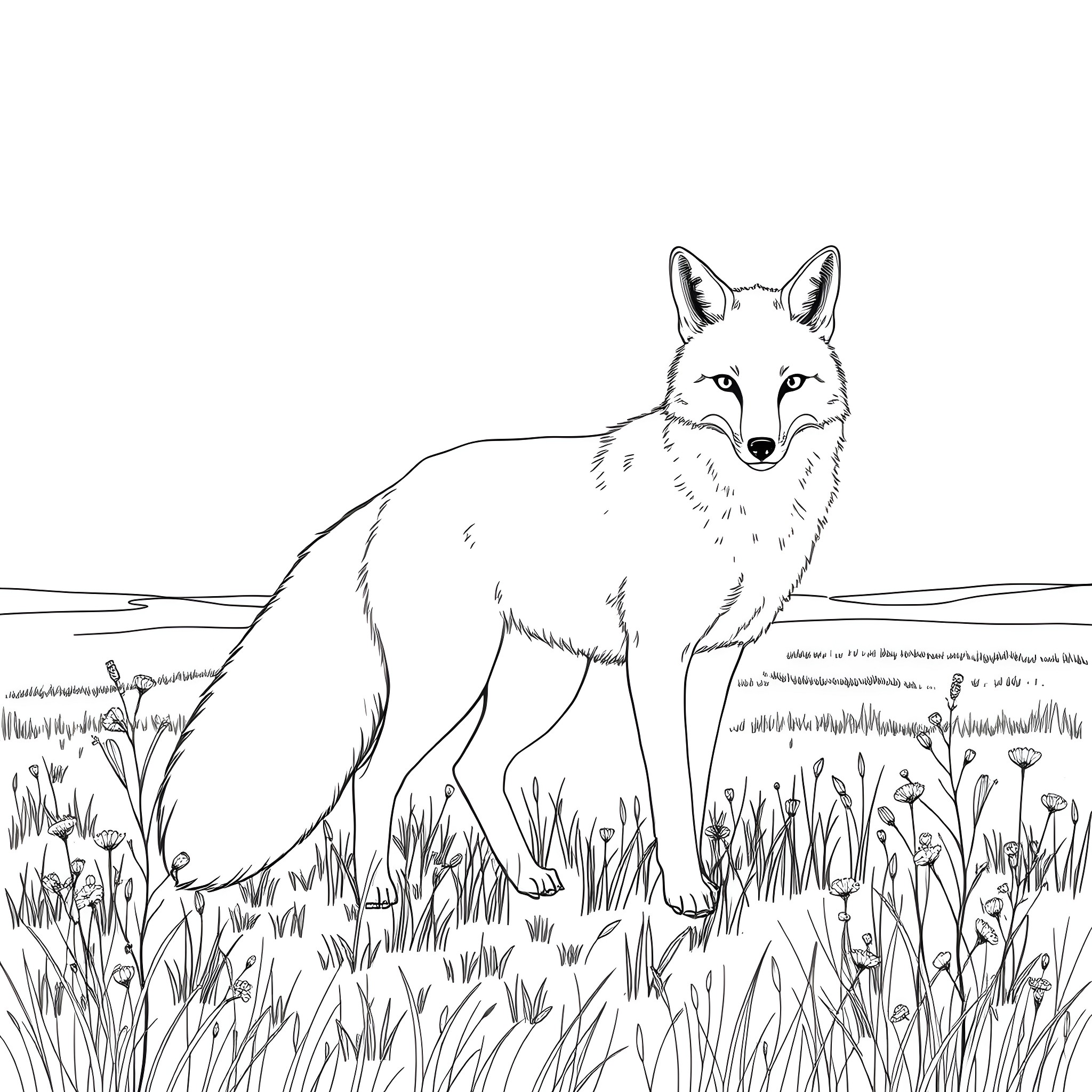 Fox exploring the grassy meadow Coloring Page (free black-and-white line drawing printable PDF for all, from beginners to advanced learners, including children, teens, adults, and seniors)