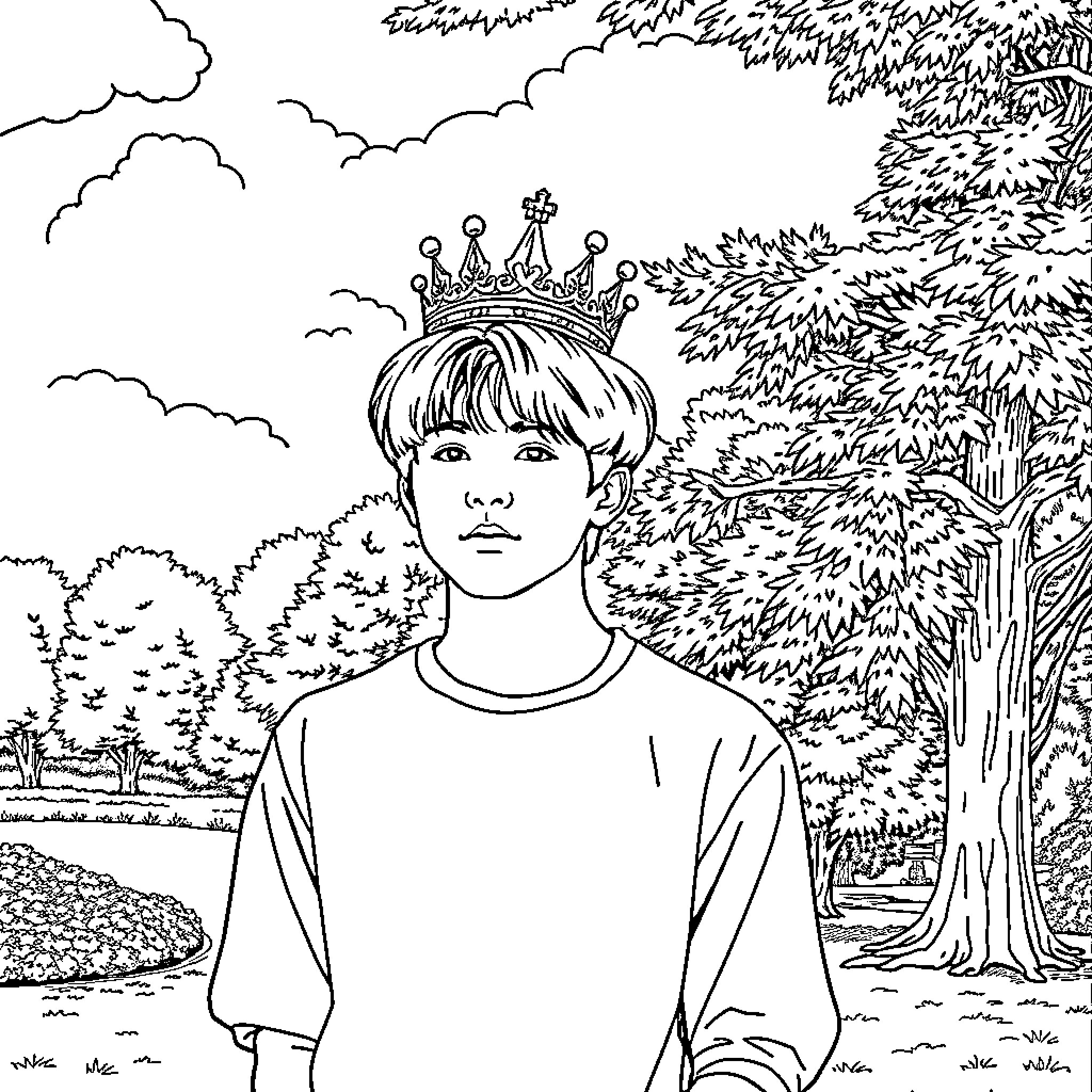 Jimin in a serene forest setting Coloring Page (free black-and-white line drawing printable PDF for all, from beginners to advanced learners, including children, teens, adults, and seniors)