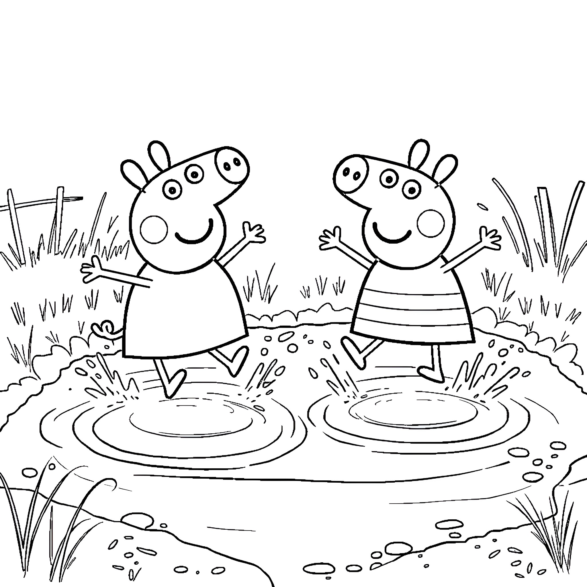 Peppa Pig and friends having fun in the puddle Coloring Page (free black-and-white line drawing printable PDF for all, from beginners to advanced learners, including children, teens, adults, and seniors)