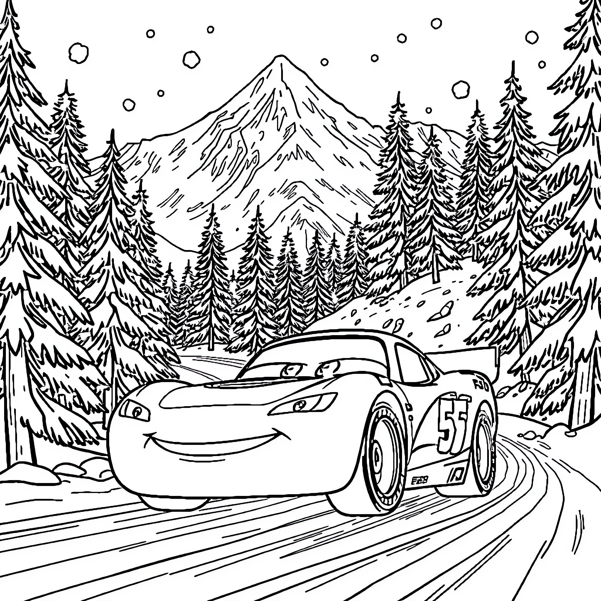 Sports Car Racing Through Snowy Mountains Coloring Page (free black-and-white line drawing printable PDF for all, from beginners to advanced learners, including children, teens, adults, and seniors)