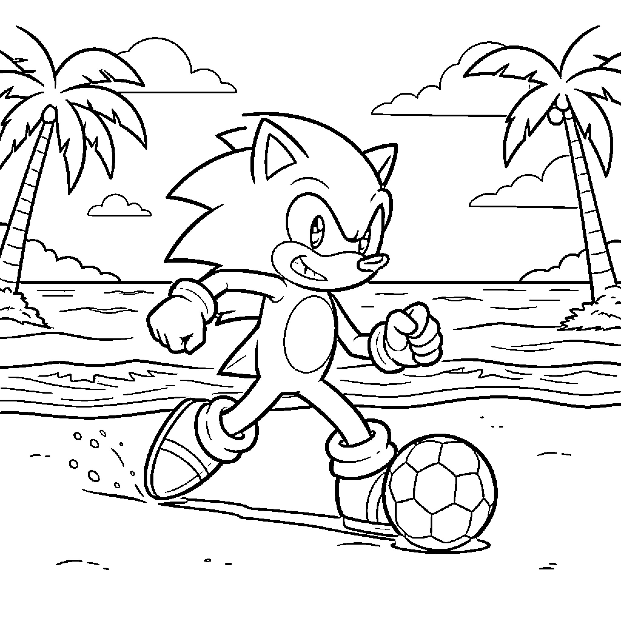 Sonic playing soccer on a tropical beach Coloring Page (free black-and-white line drawing printable PDF for all, from beginners to advanced learners, including children, teens, adults, and seniors)