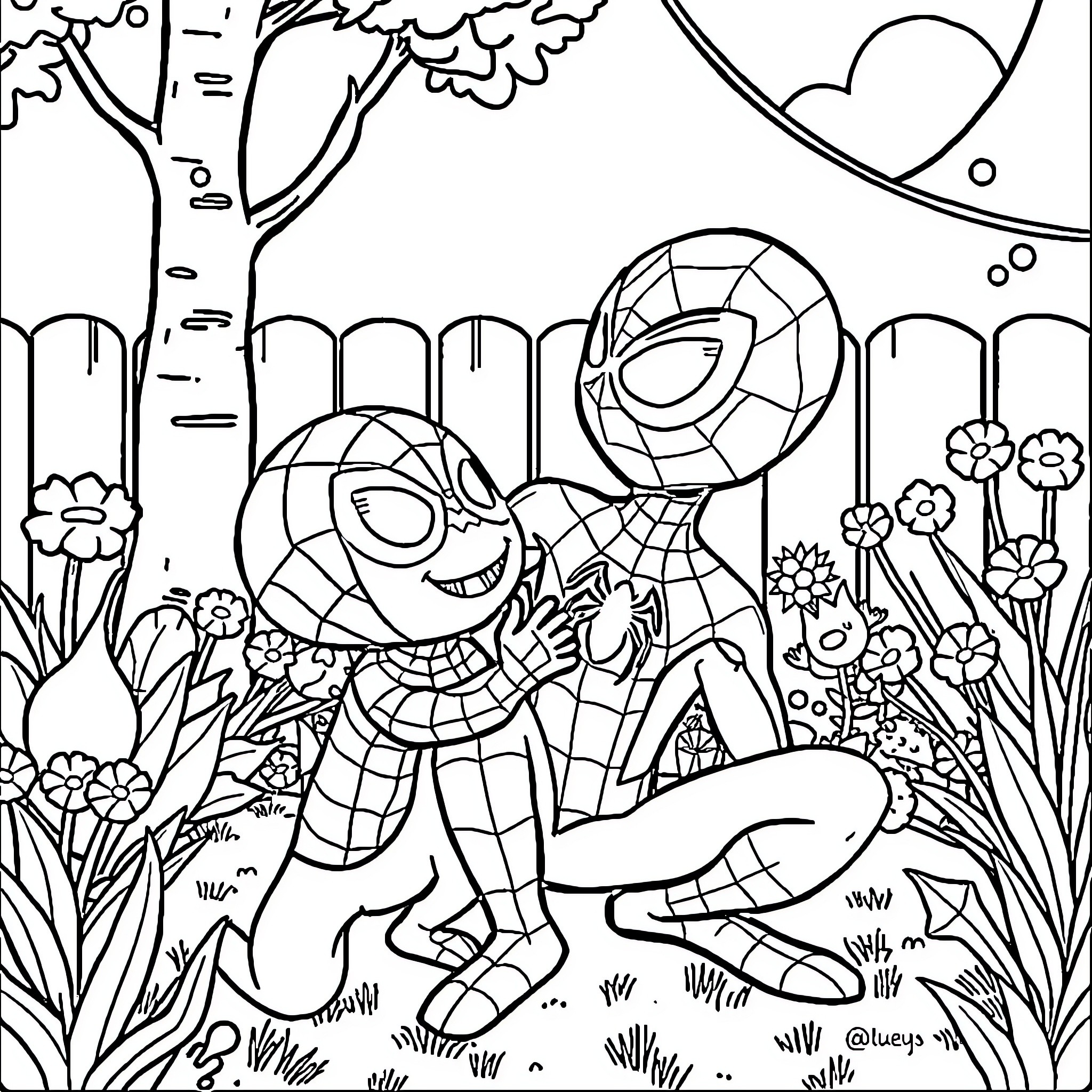 Bluey enjoying a whimsical adventure in the garden Coloring Page (free black-and-white line drawing printable PDF for all, from beginners to advanced learners, including children, teens, adults, and seniors)