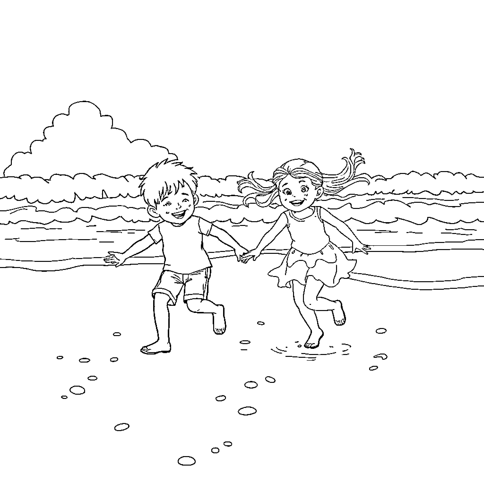 Boy and Girl Playing Happily on the Beach Coloring Page (free black-and-white line drawing printable PDF for all, from beginners to advanced learners, including children, teens, adults, and seniors)