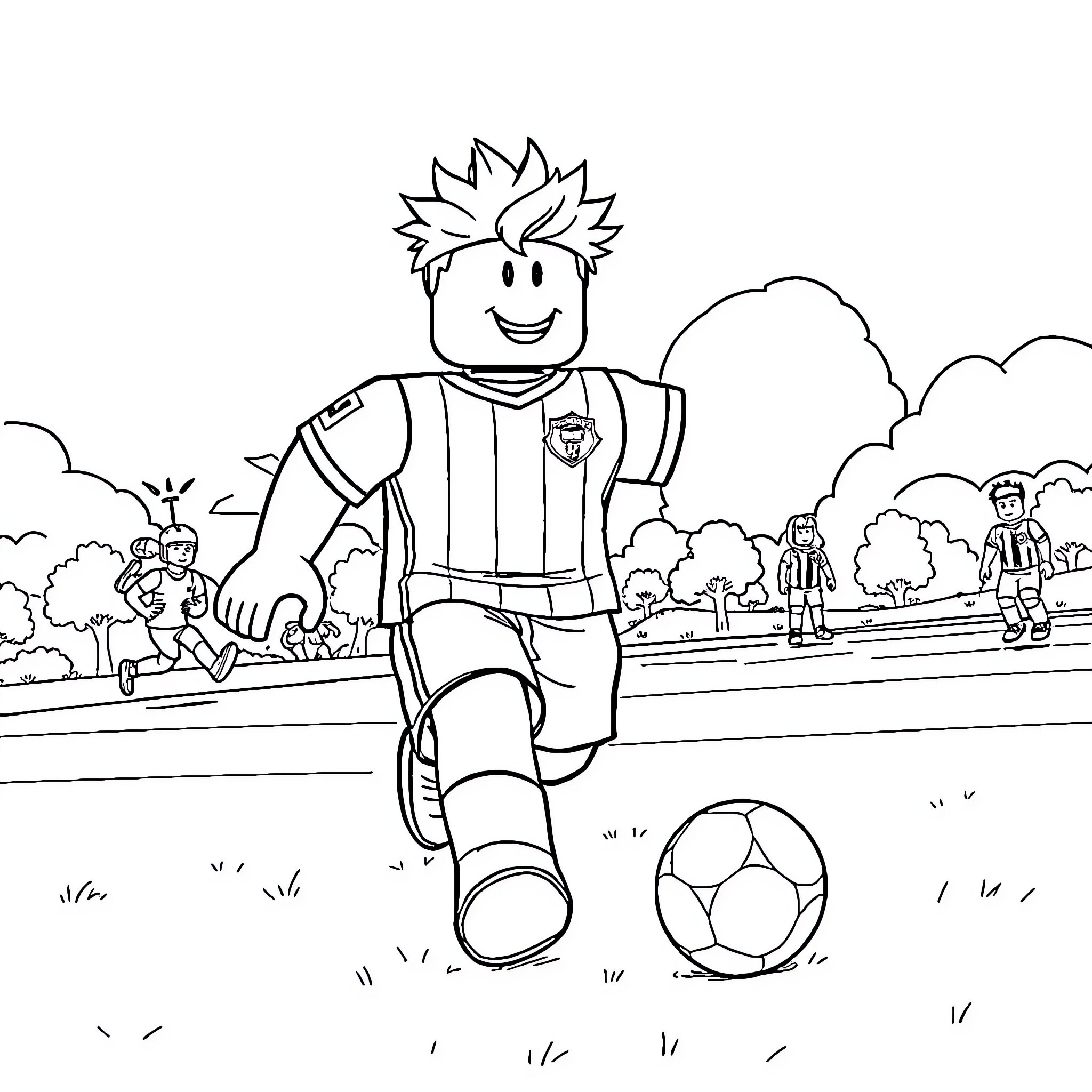 Roblox Character Playing Soccer on the Field Coloring Page (free black-and-white line drawing printable PDF for all, from beginners to advanced learners, including children, teens, adults, and seniors)