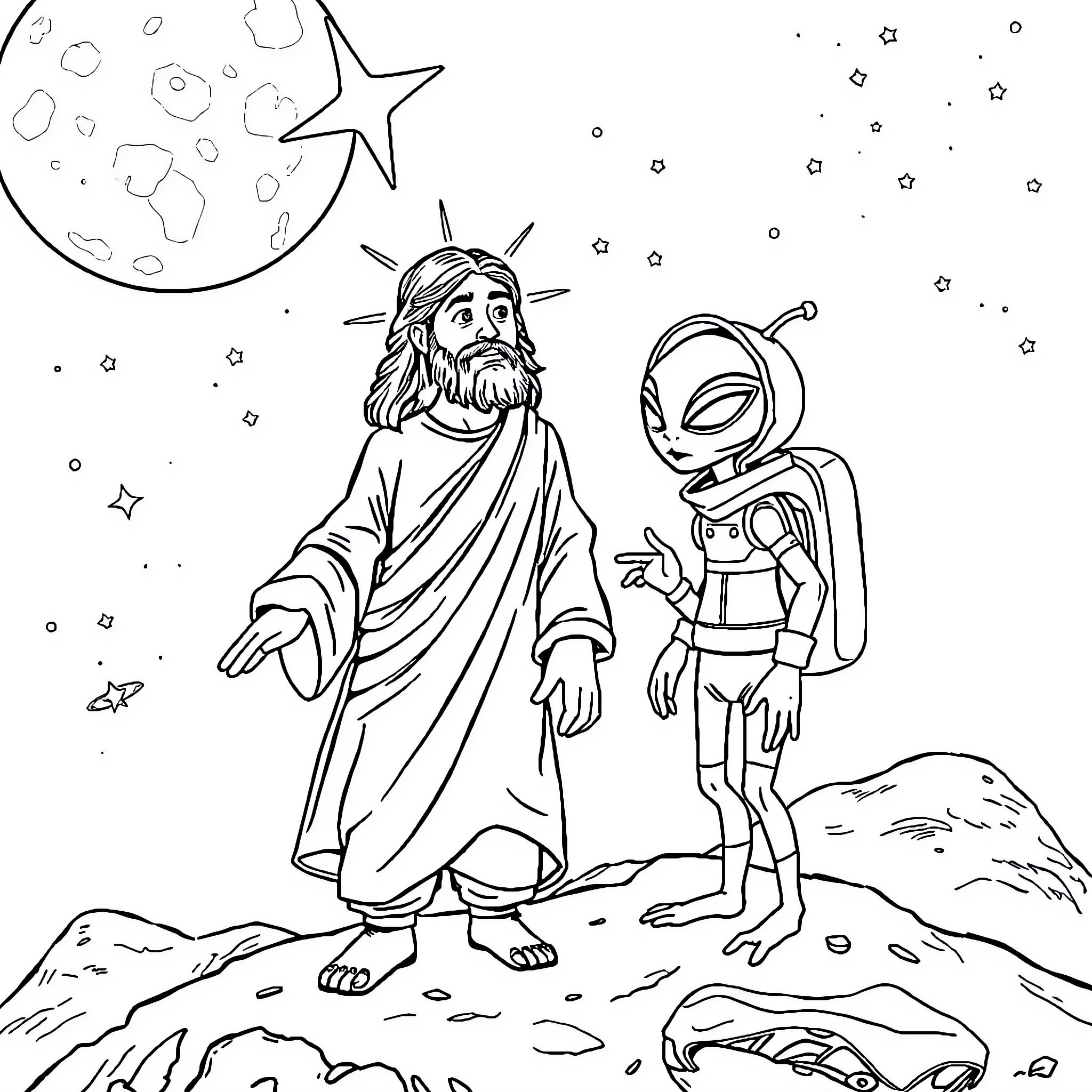 Jesus encountering an alien on the moon Coloring Page (free black-and-white line drawing printable PDF for all, from beginners to advanced learners, including children, teens, adults, and seniors)