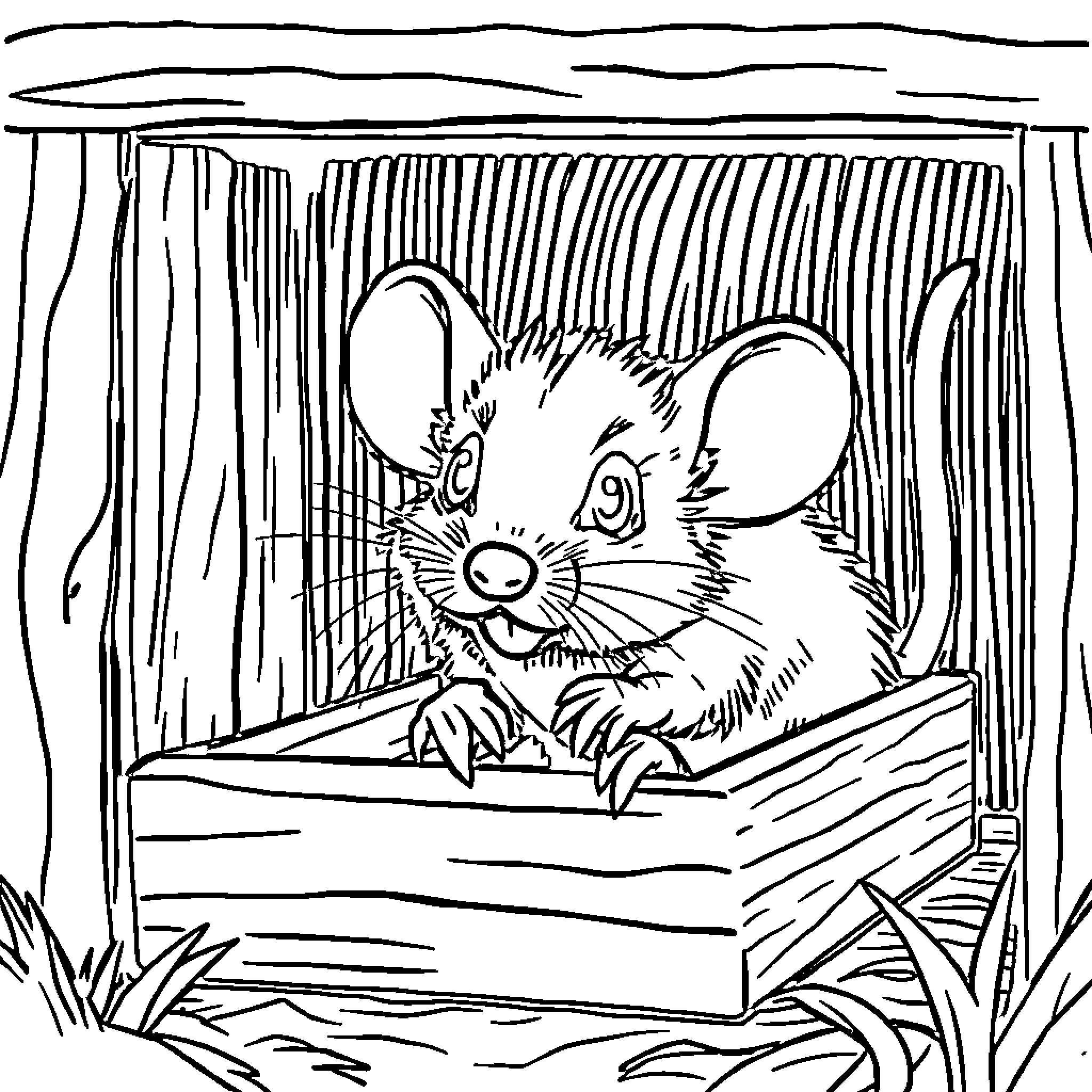 Mouse peeking out from a wooden box in the forest Coloring Page (free black-and-white line drawing printable PDF for all, from beginners to advanced learners, including children, teens, adults, and seniors)