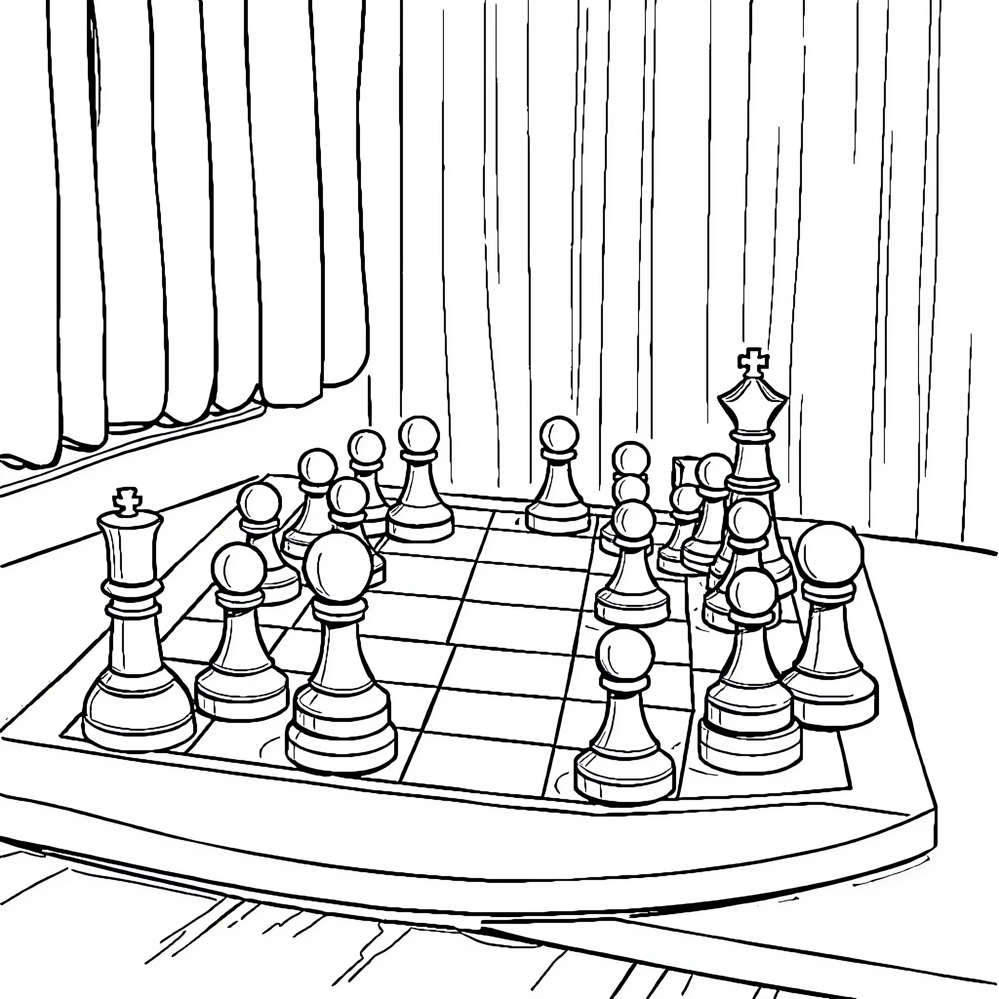 Chess Table with Pieces in Contemplative Setup Coloring Page (free black-and-white line drawing printable PDF for all, from beginners to advanced learners, including children, teens, adults, and seniors)