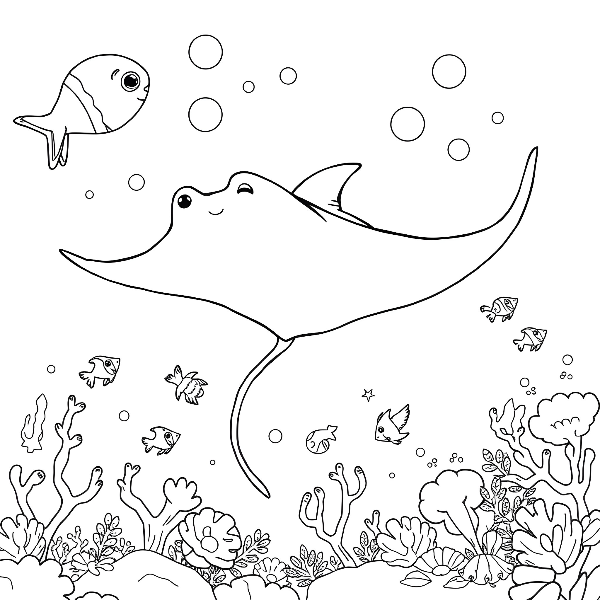 Disney Ray Swimming Underwater with Underwater Creatures Coloring Page (free black-and-white line drawing printable PDF for all, from beginners to advanced learners, including children, teens, adults, and seniors)