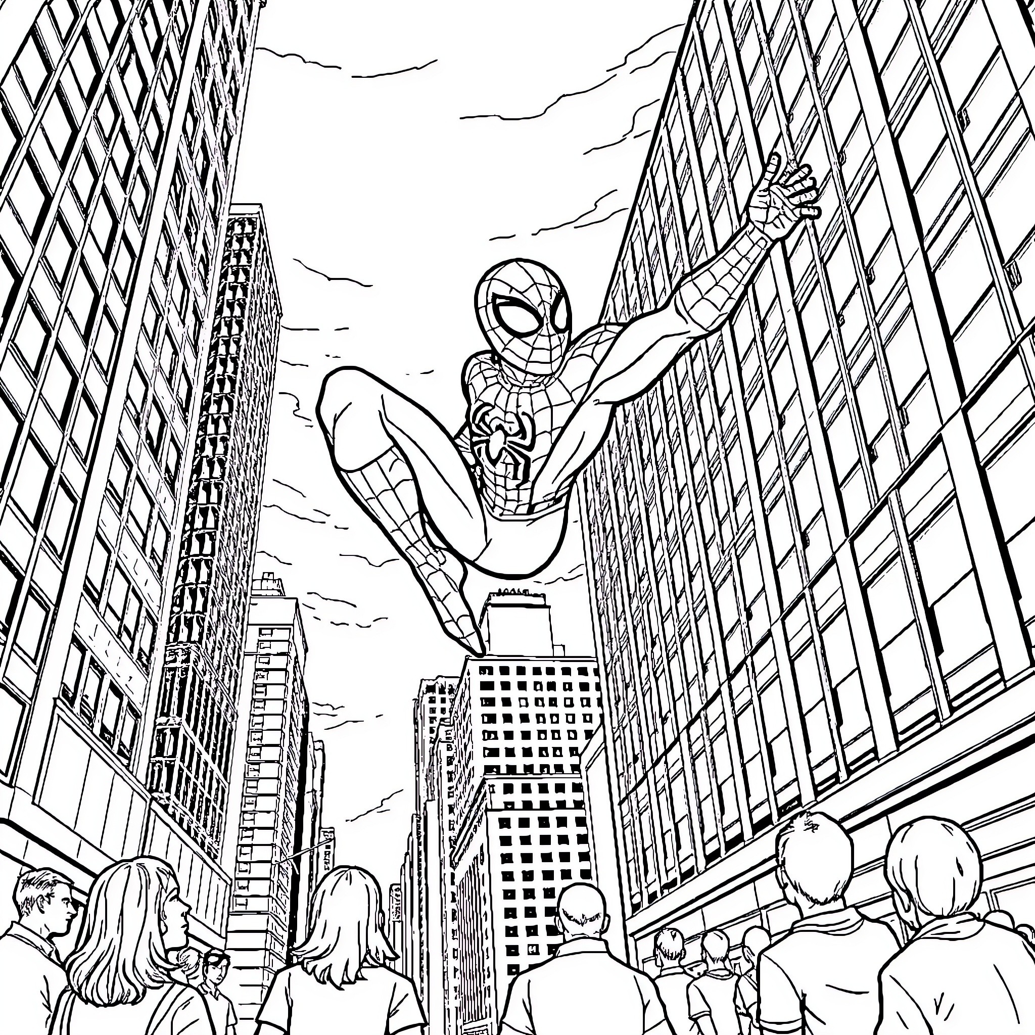 Spiderman swinging through the city skyline Coloring Page (free black-and-white line drawing printable PDF for all, from beginners to advanced learners, including children, teens, adults, and seniors)