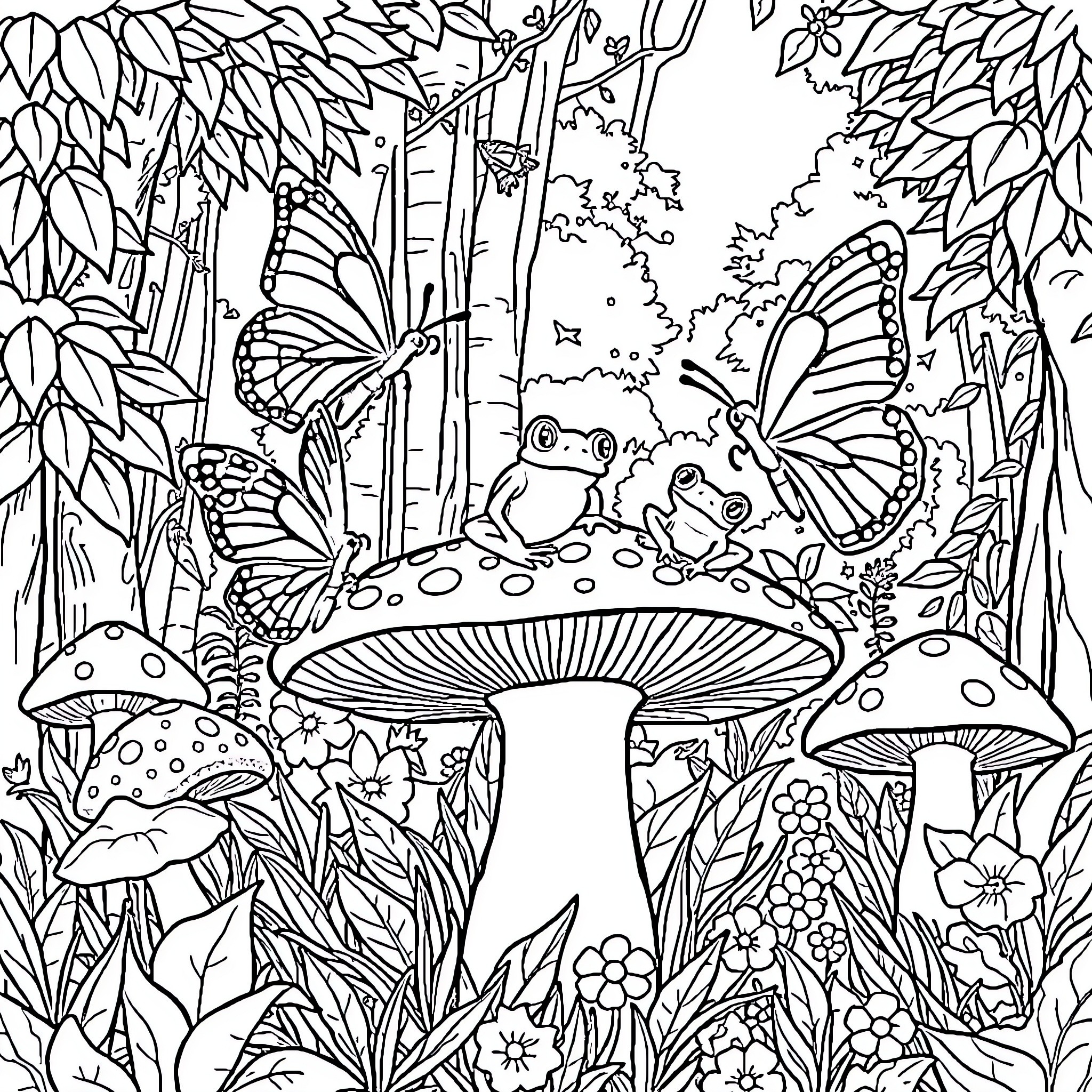 Butterfly Forest Fantasy Scene Coloring Page (free black-and-white line drawing printable PDF for all, from beginners to advanced learners, including children, teens, adults, and seniors)