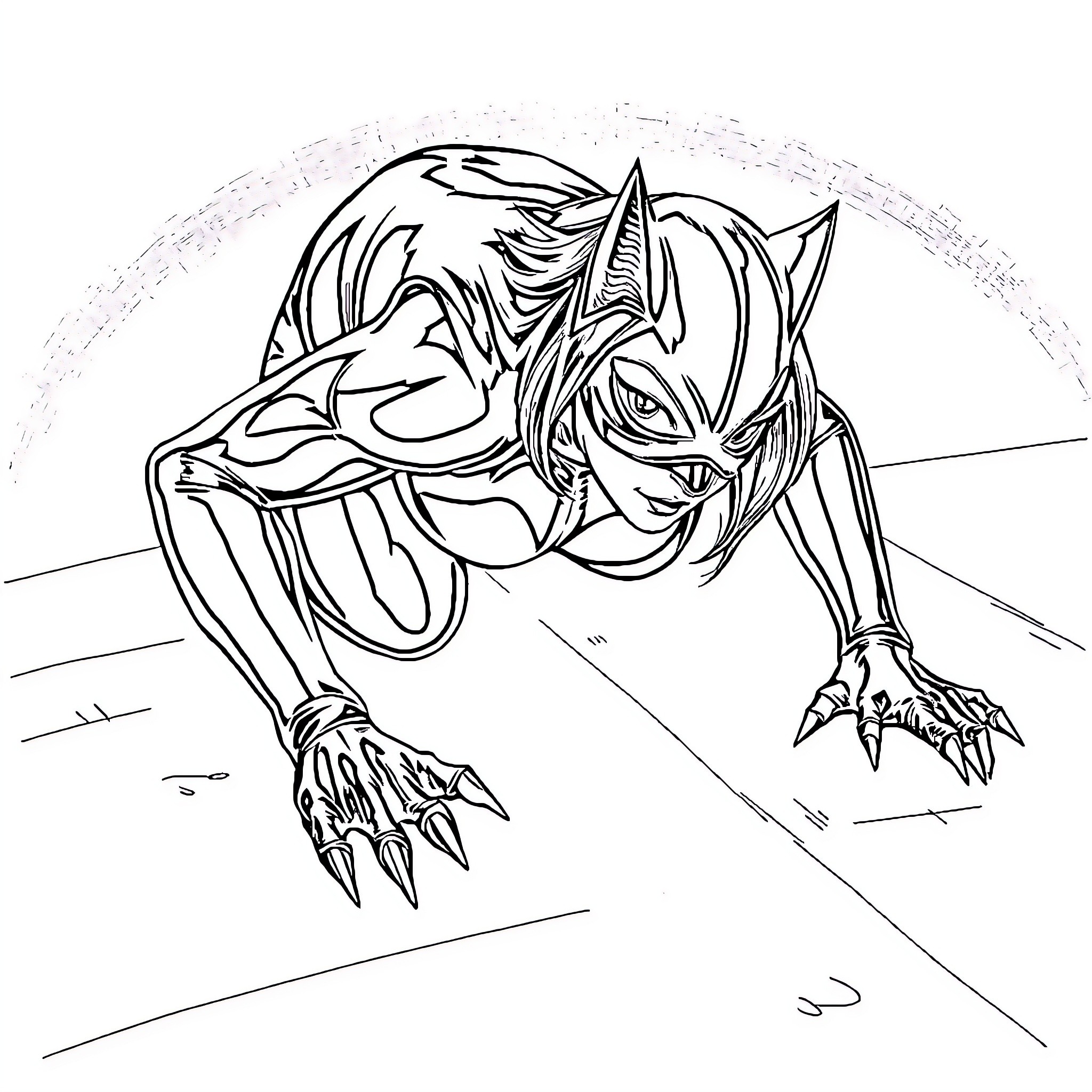Cat Woman Lurking in the Shadows Coloring Page (free black-and-white line drawing printable PDF for all, from beginners to advanced learners, including children, teens, adults, and seniors)