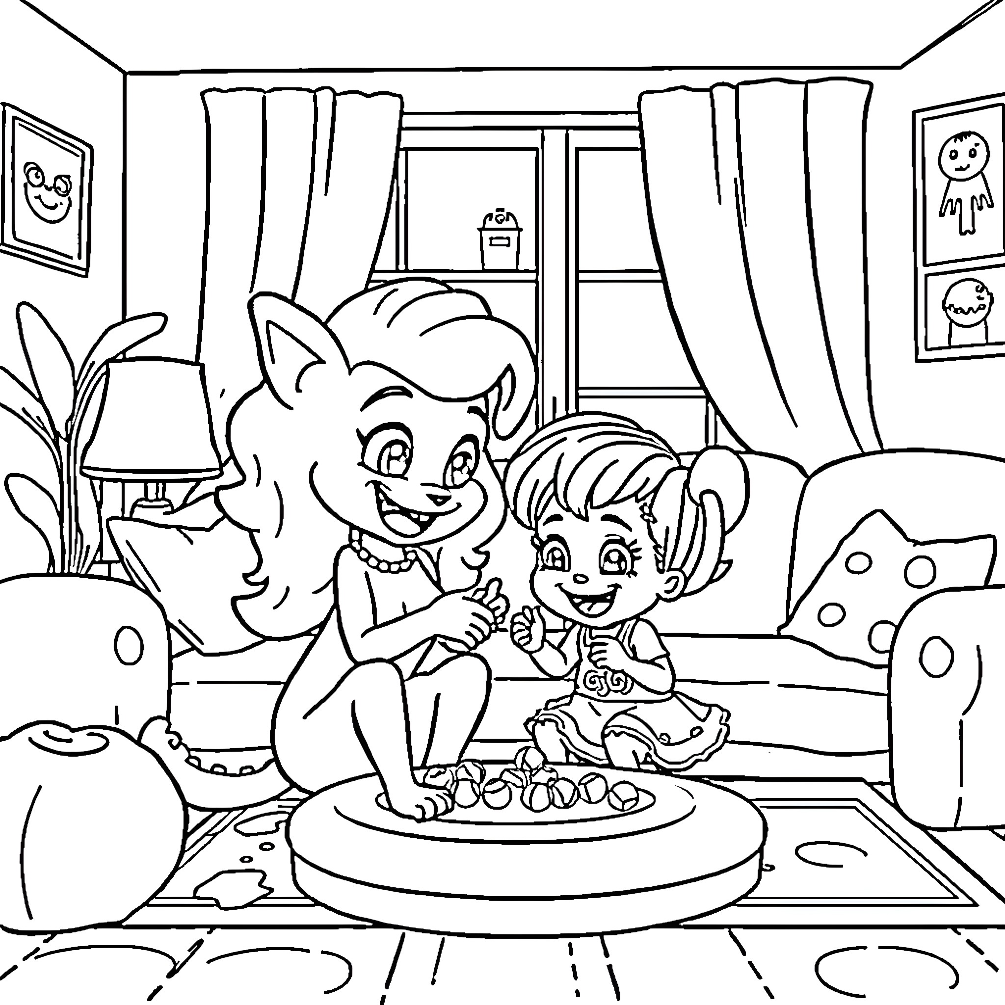 Bluey and Bingo playing indoors at home Coloring Page (free black-and-white line drawing printable PDF for all, from beginners to advanced learners, including children, teens, adults, and seniors)