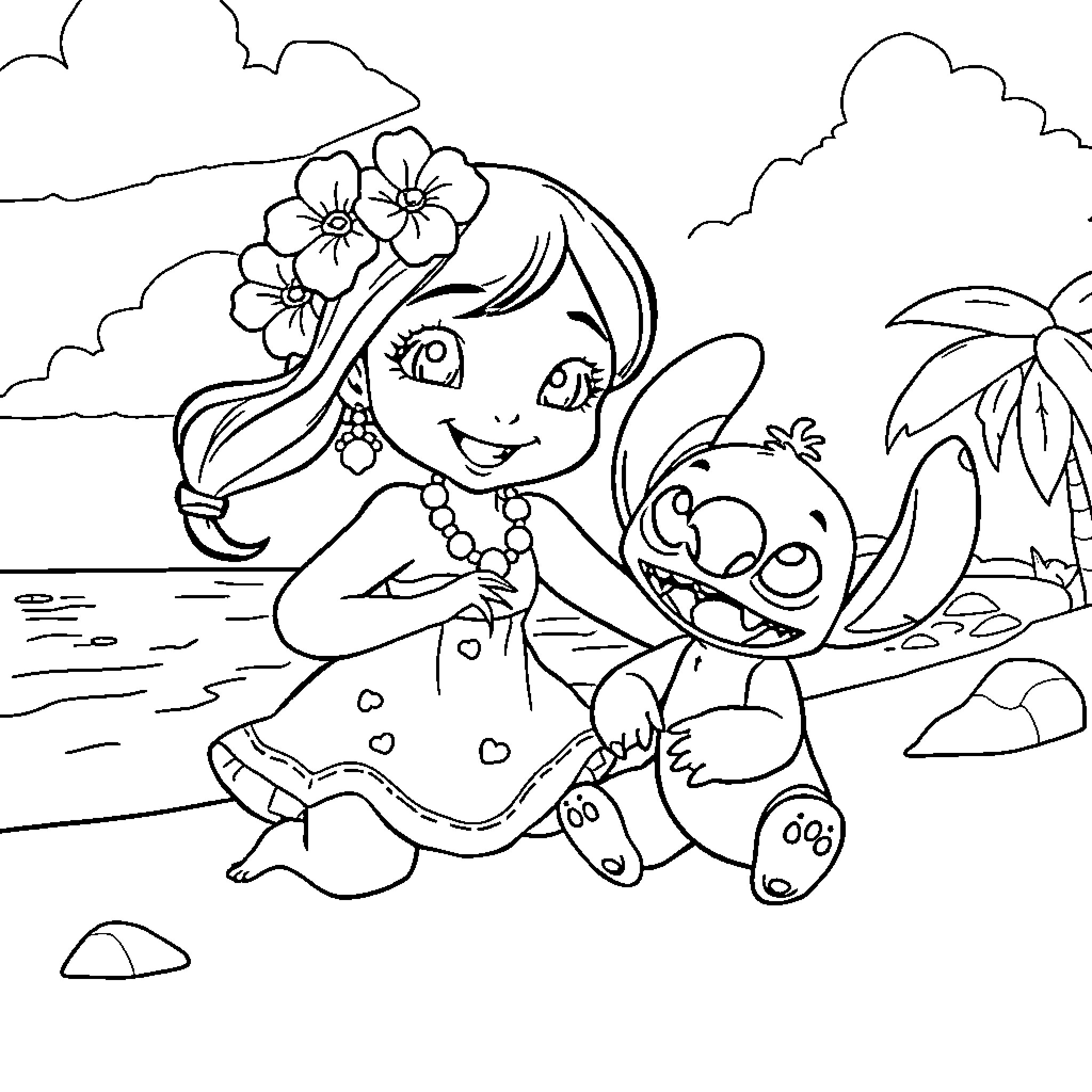 Lilo And Stitch Playing Happily on the Beach Coloring Page (free black-and-white line drawing printable PDF for all, from beginners to advanced learners, including children, teens, adults, and seniors)