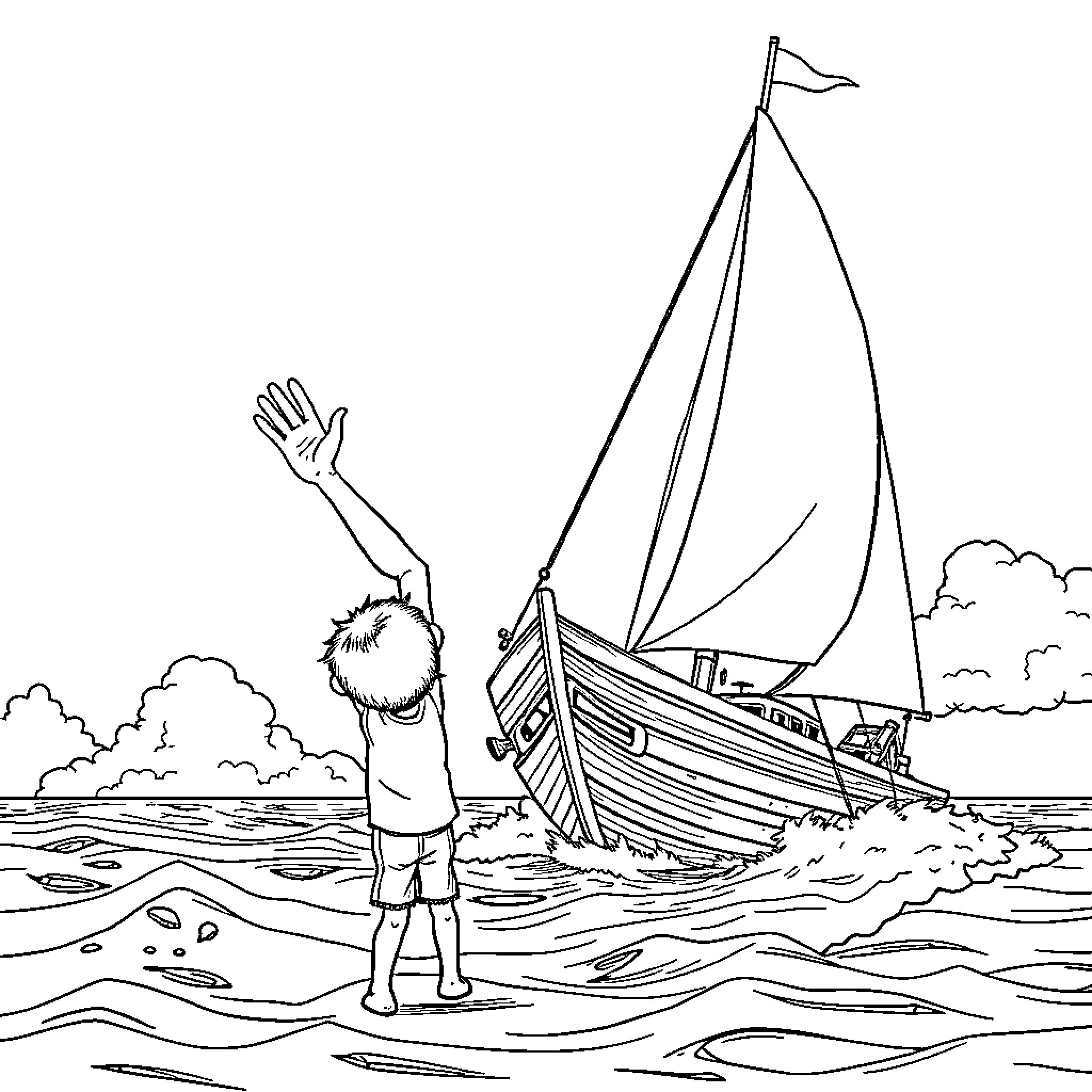 Boy waving and watching sailboat in the waves Coloring Page (free black-and-white line drawing printable PDF for all, from beginners to advanced learners, including children, teens, adults, and seniors)