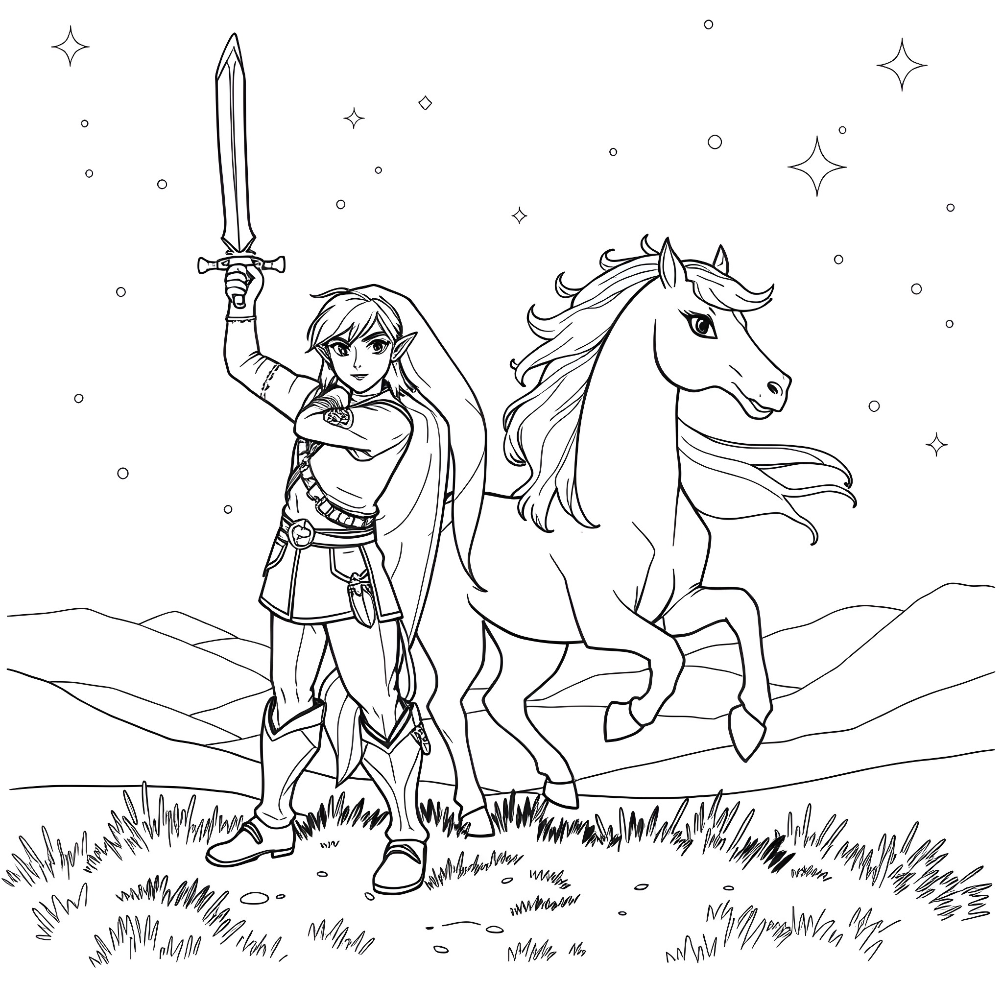 Link wielding sword on horseback in starry night Coloring Page (free black-and-white line drawing printable PDF for all, from beginners to advanced learners, including children, teens, adults, and seniors)
