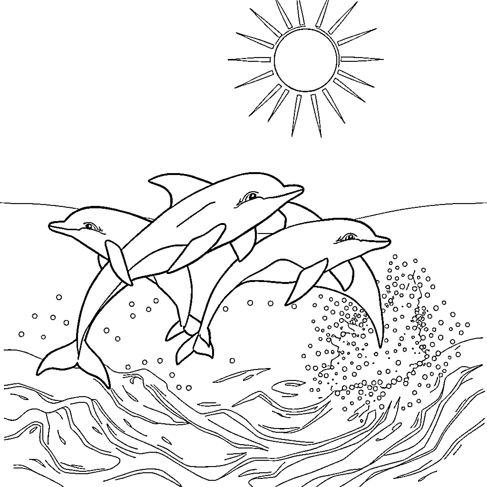 Dolphins leaping joyfully under the sun Coloring Page (free black-and-white line drawing printable PDF for all, from beginners to advanced learners, including children, teens, adults, and seniors)