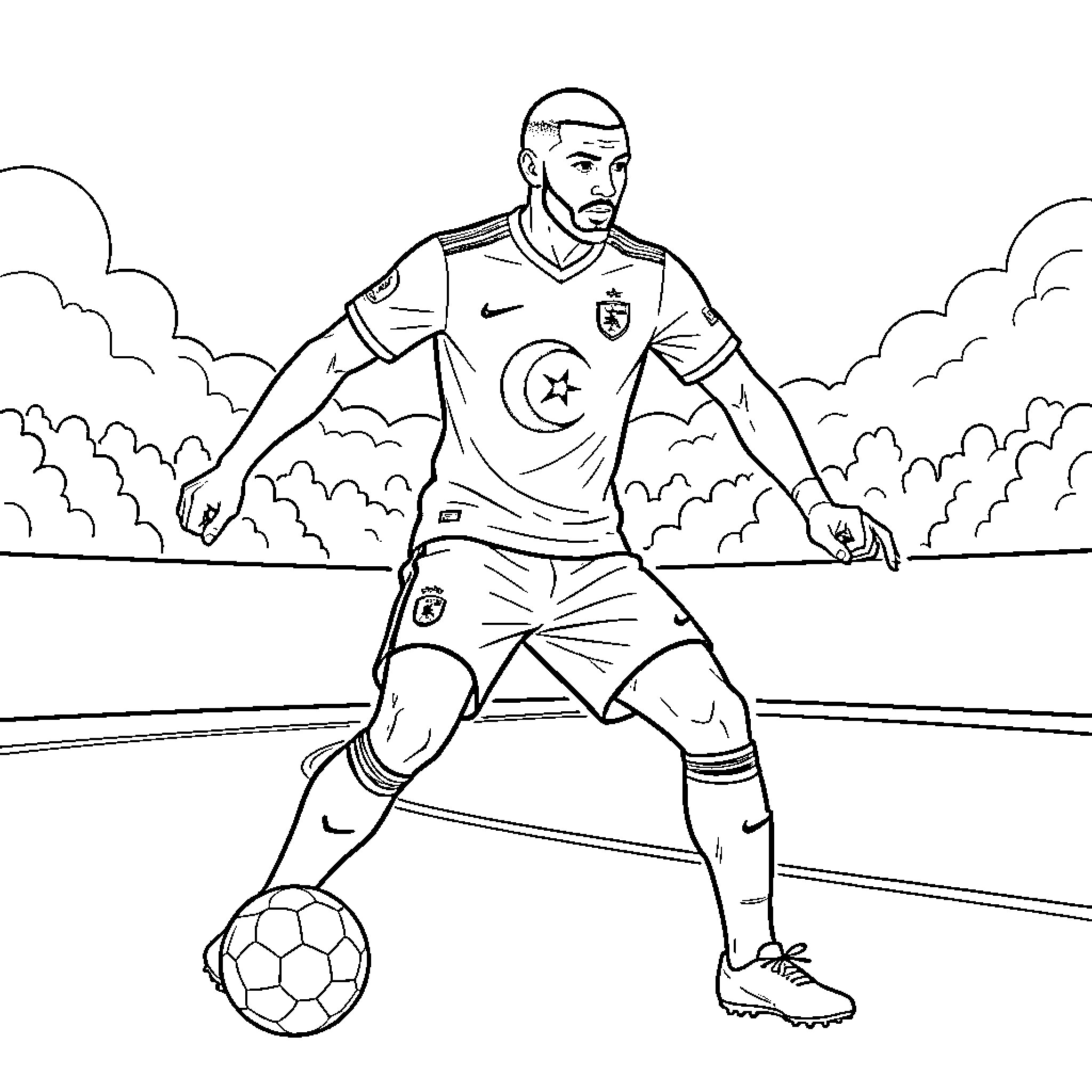 Mbappe dribbling a soccer ball on the field Coloring Page (free black-and-white line drawing printable PDF for all, from beginners to advanced learners, including children, teens, adults, and seniors)